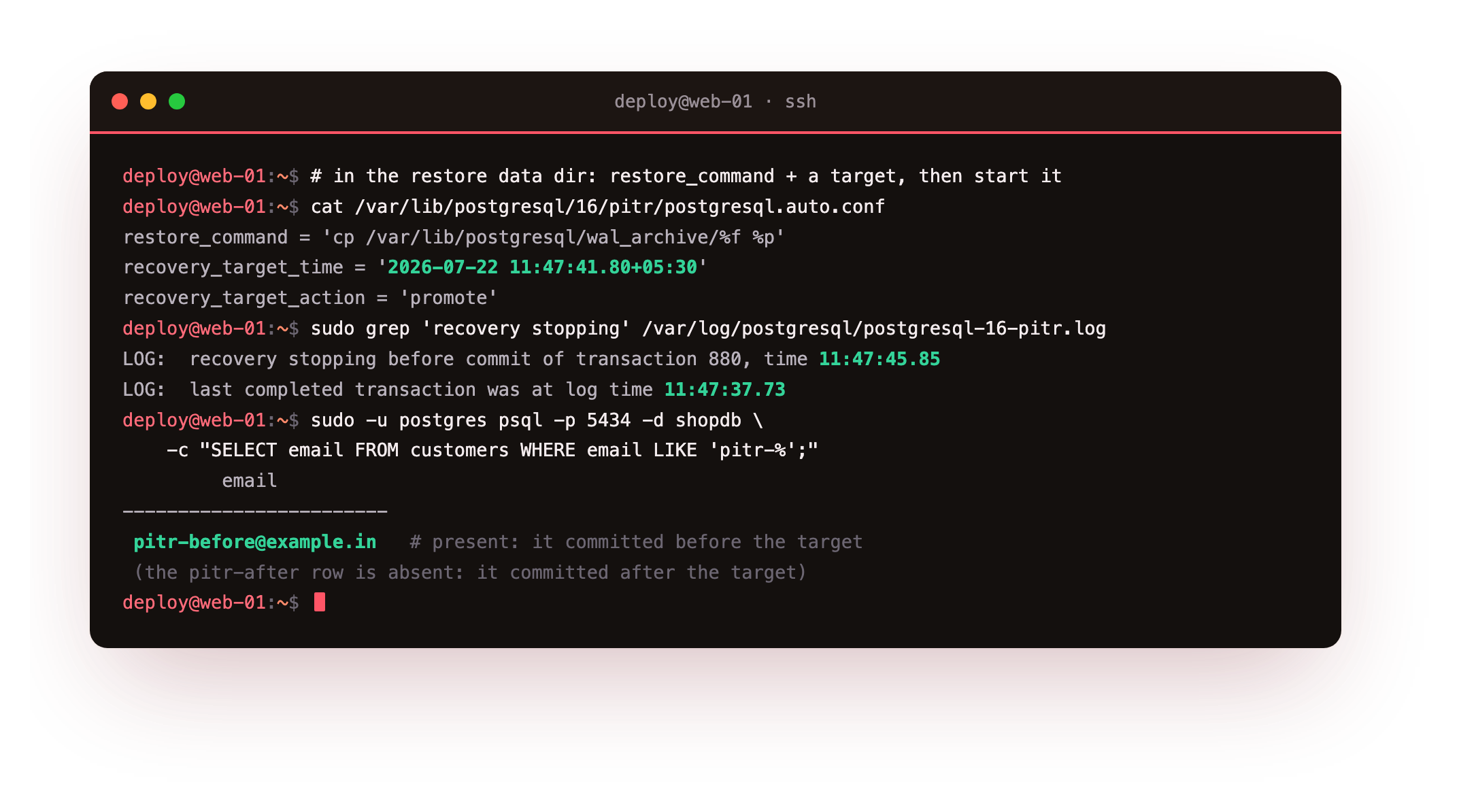 A restore configured with a recovery_target_time stopping before the transaction that came after the target, so the earlier row is present and the later row is absent