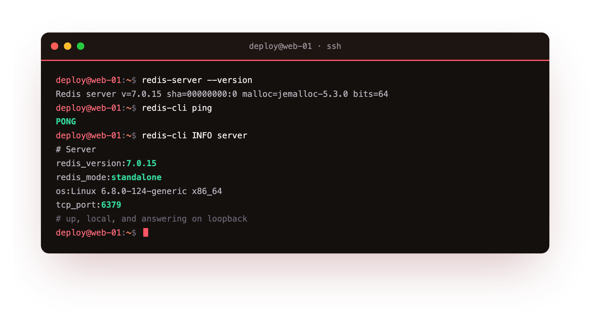 Redis 7.0.15 answering redis-cli ping with PONG and INFO server reporting the version, standalone mode and TCP port 6379 on Ubuntu 24.04