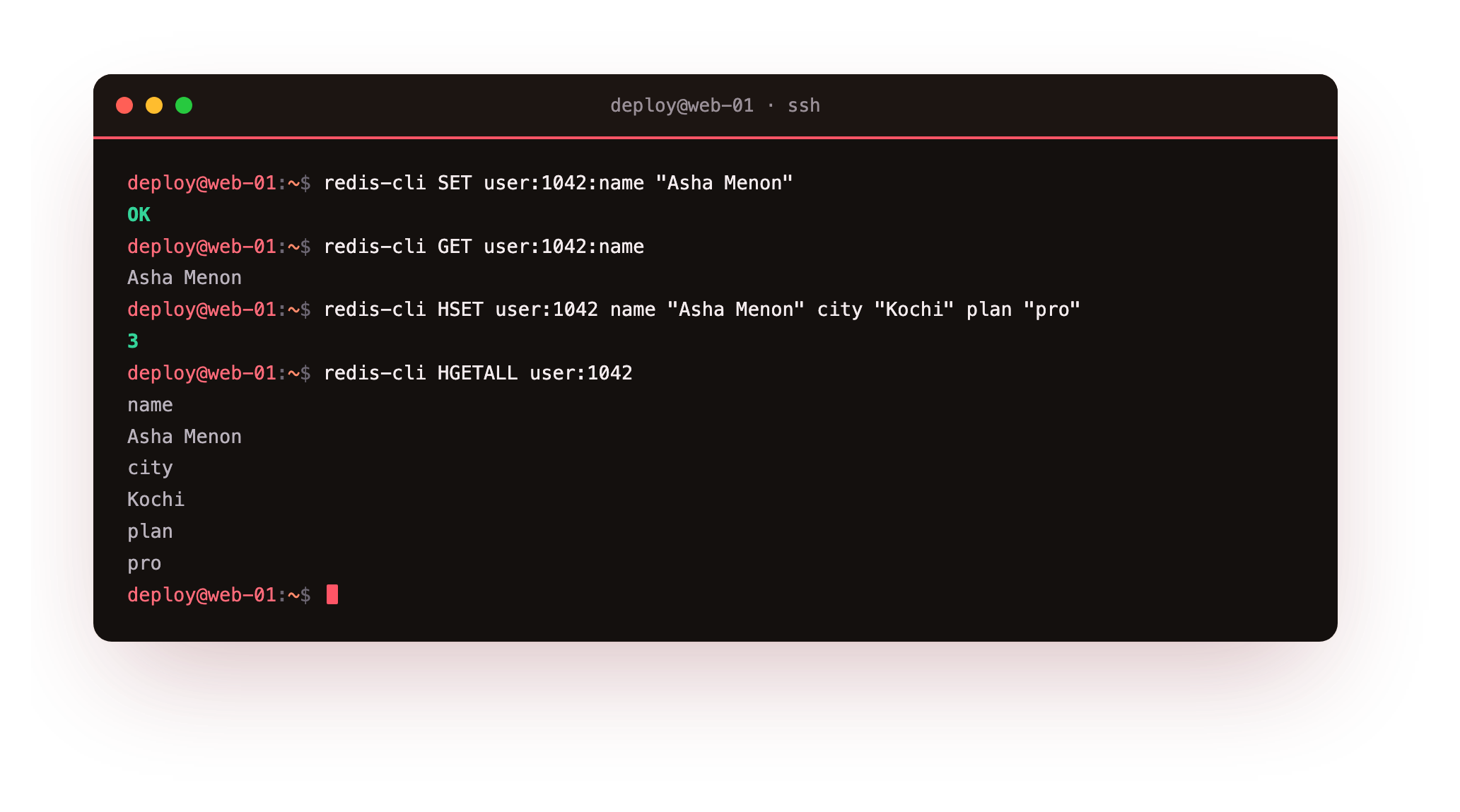 A string set and read back, then a hash storing three fields for one user and HGETALL returning every field and value