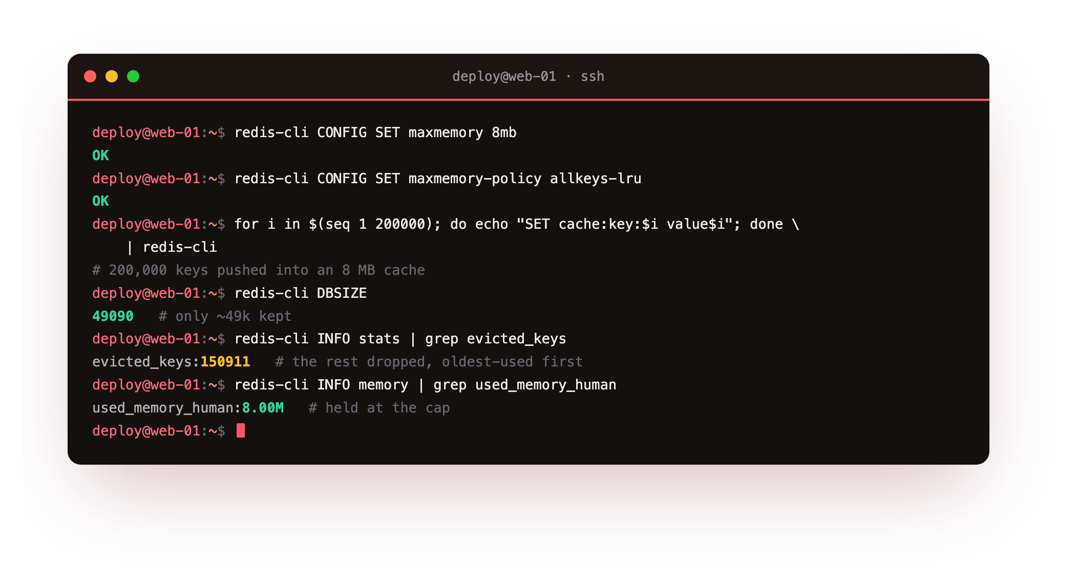 With maxmemory capped at eight megabytes and the allkeys-lru policy, two hundred thousand keys inserted but only forty nine thousand kept and one hundred fifty thousand evicted