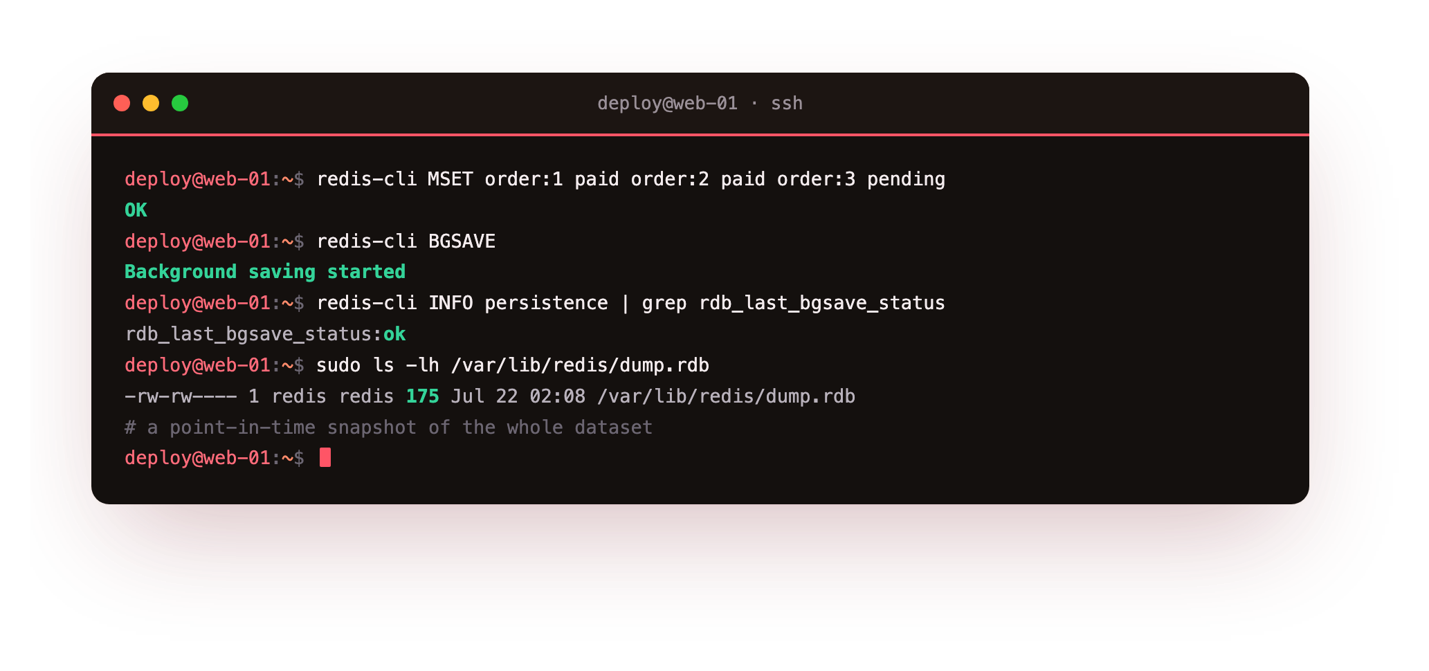 BGSAVE starting a background save and the dump.rdb snapshot file appearing on disk in the redis data directory