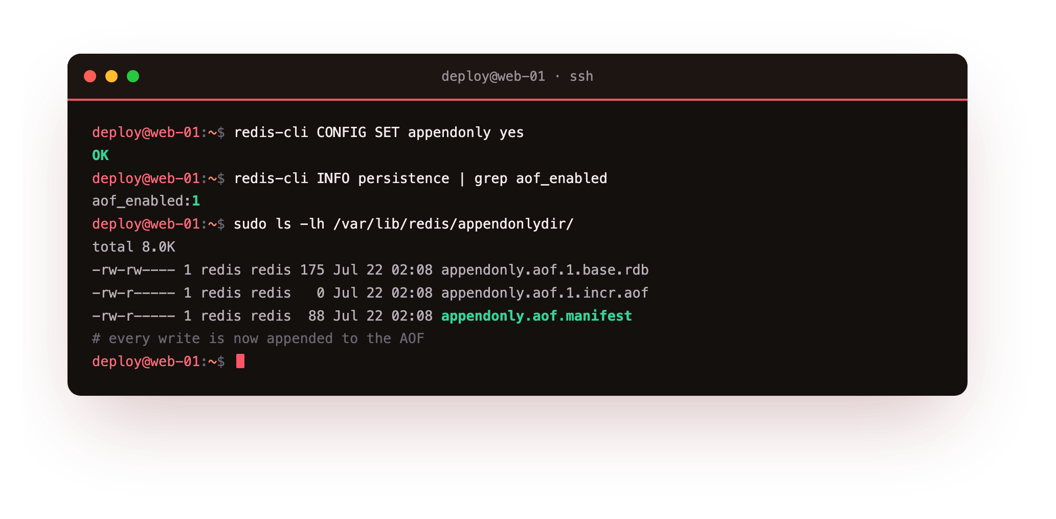 The append-only file turned on, aof_enabled reporting one, and the appendonlydir holding the base, incr and manifest files