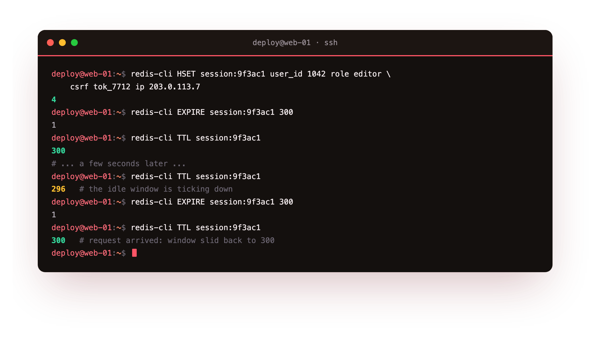 A login session stored as a hash with a five minute expiry, the TTL decaying, then EXPIRE sliding the window back to three hundred seconds on the next access