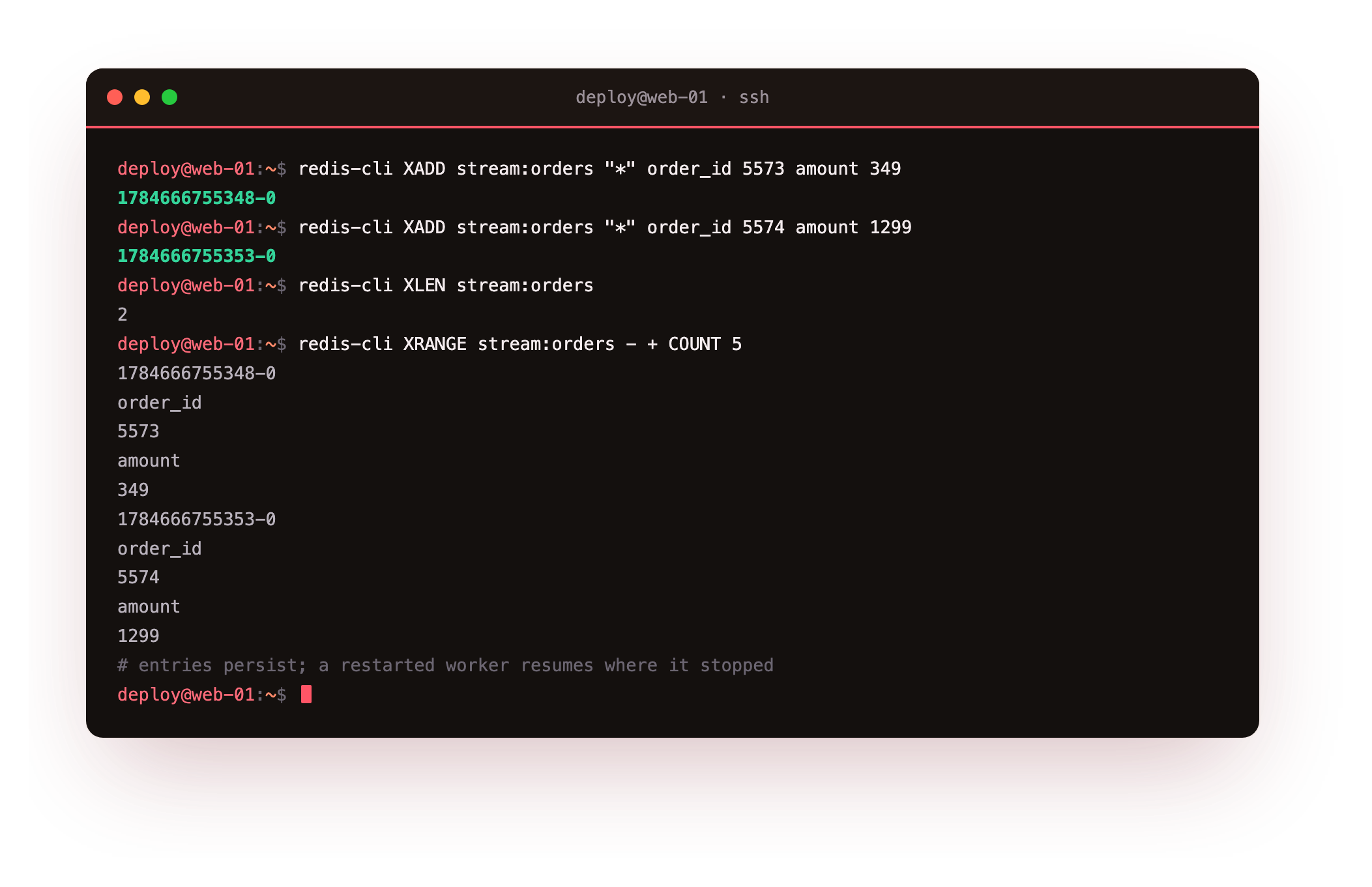 Two entries appended to a Stream, each with an auto generated ID, and XRANGE reading both back with their fields