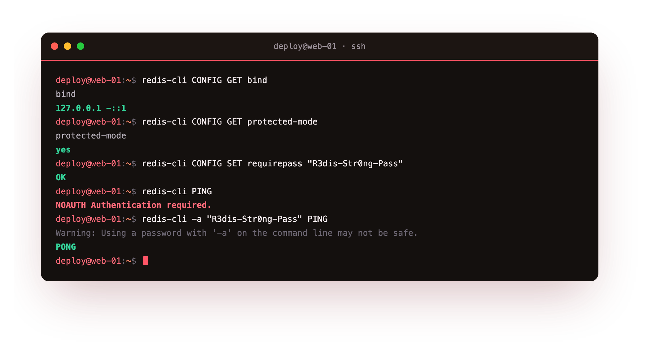 With requirepass set, a plain command refused with NOAUTH Authentication required, then the same command accepted once the password is supplied
