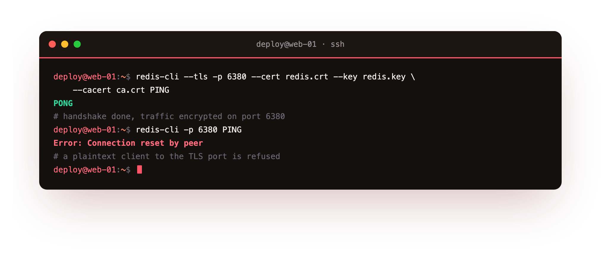 A TLS enabled Redis on port 6380 answering an encrypted ping while a plaintext client to the same port has its connection reset