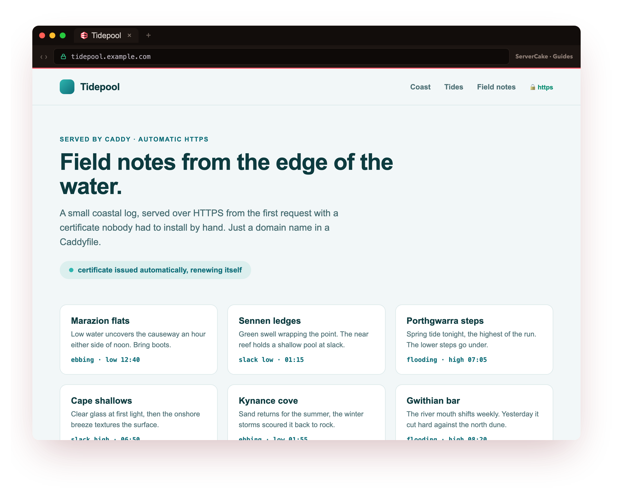 The Tidepool static site rendered in a browser at tidepool.example.com over an HTTPS connection with a padlock, served by Caddy under a certificate it obtained, renews and serves without a single certificate line in the config