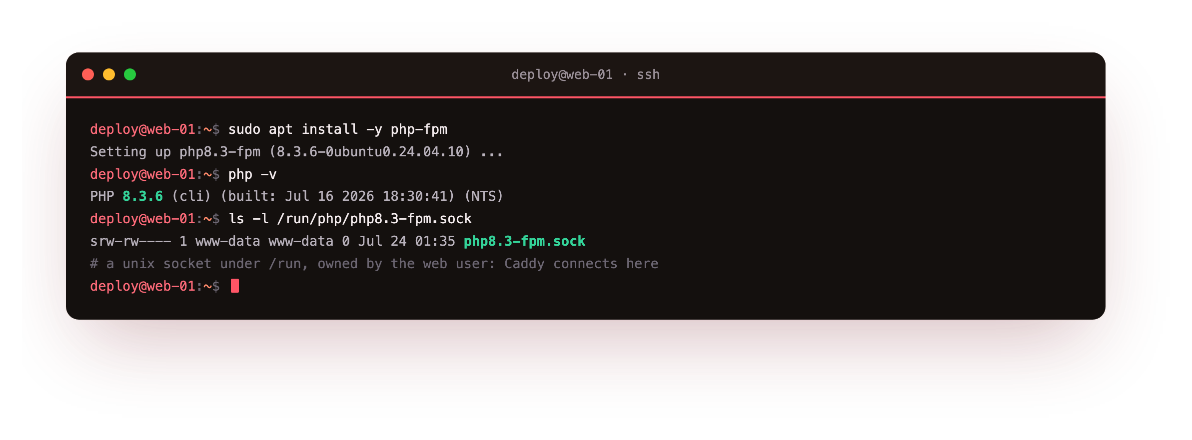 Installing php-fpm on Ubuntu 24.04, php -v confirming the 8.3.6 runtime, and the fpm service exposing a pool of PHP workers on a unix socket under /run/php owned by the web user, the socket Caddy connects to over FastCGI