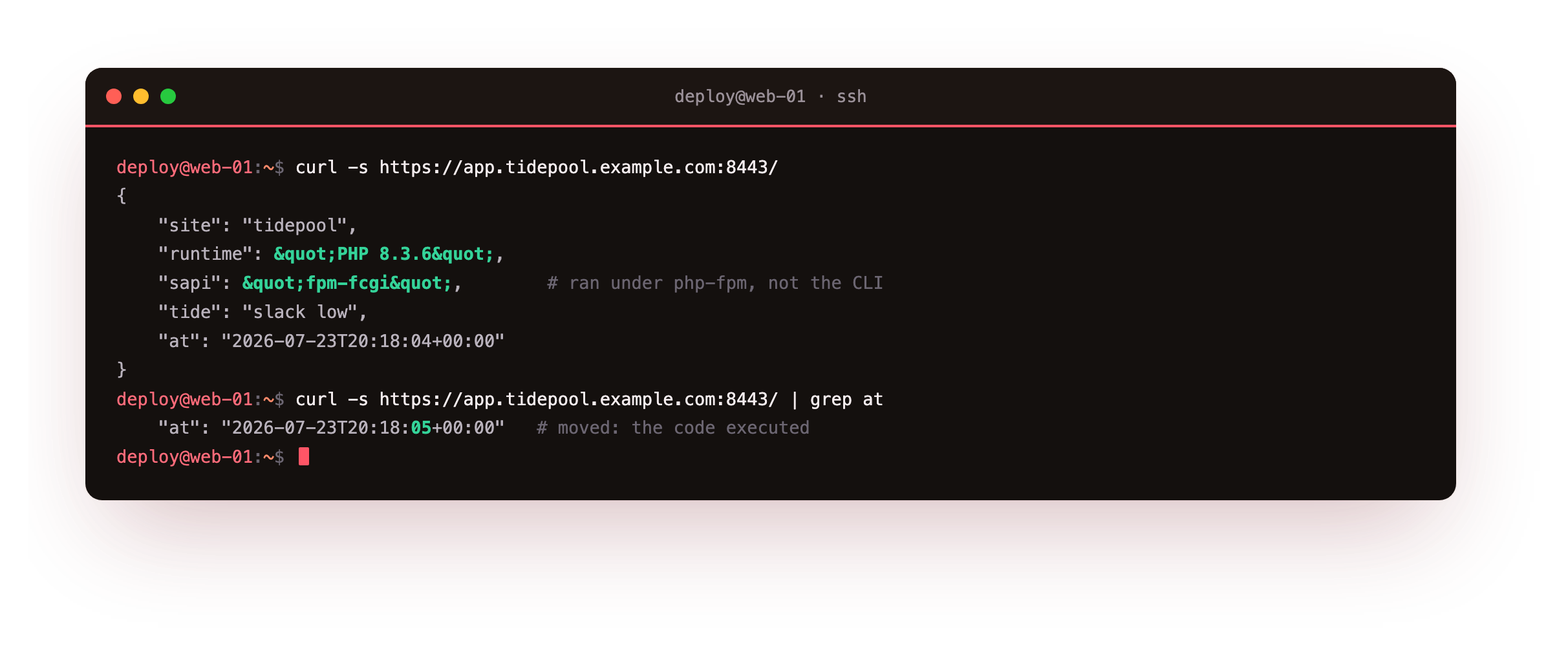 The PHP page executing through Caddy php_fastcgi and returning computed JSON over HTTPS: the runtime reporting PHP 8.3.6, the server API reading fpm-fcgi which confirms php-fpm ran it, and a timestamp that changes on a second call, proving the code ran rather than being downloaded