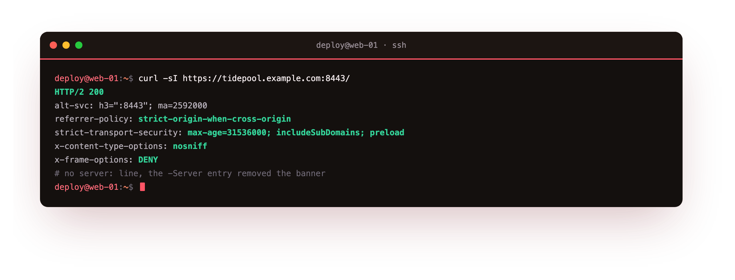 The hardened response carrying the security headers set by the header directive, strict-transport-security, x-content-type-options nosniff, x-frame-options DENY and referrer-policy, with the Server banner removed by the -Server entry so a scanner learns nothing from it