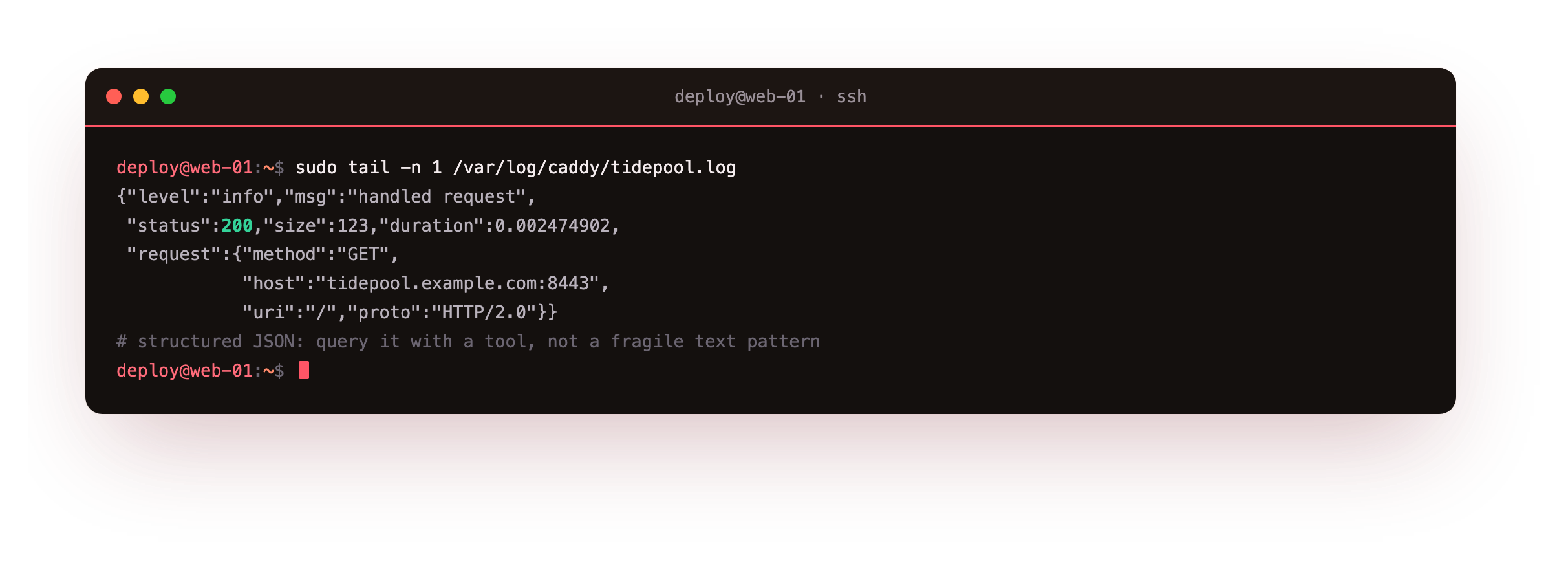 One line of the structured JSON access log Caddy wrote: the status, response size and request duration, and a nested request object with the method, host, URI and protocol, a record you query with a JSON tool instead of a fragile text pattern