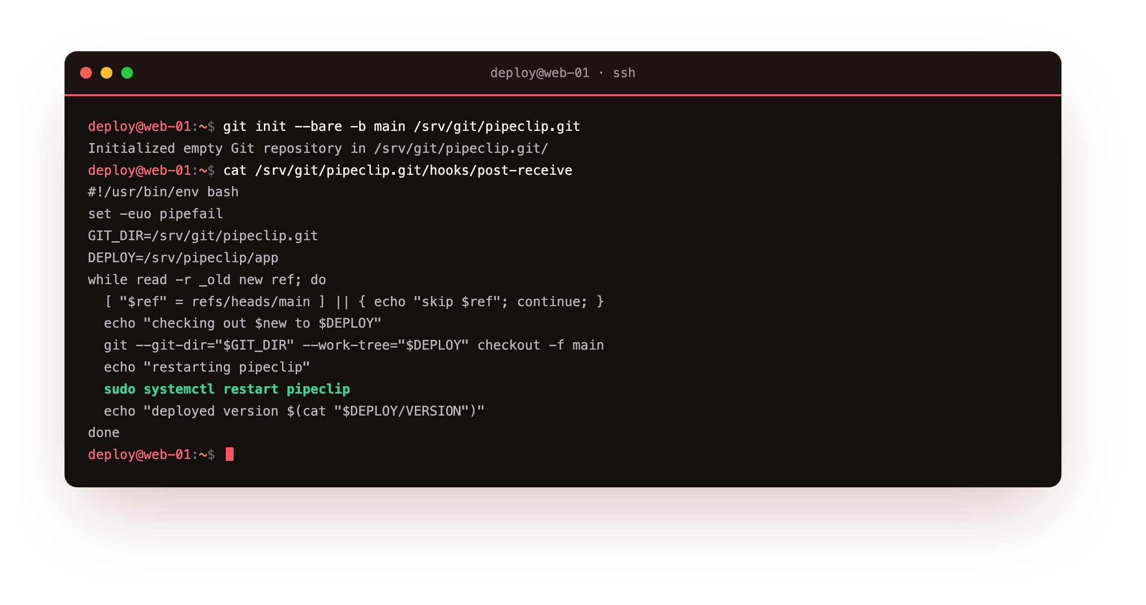 A bare git repo created with git init --bare, then the post-receive hook printed: it checks out the pushed main branch to the deploy directory and restarts the app service