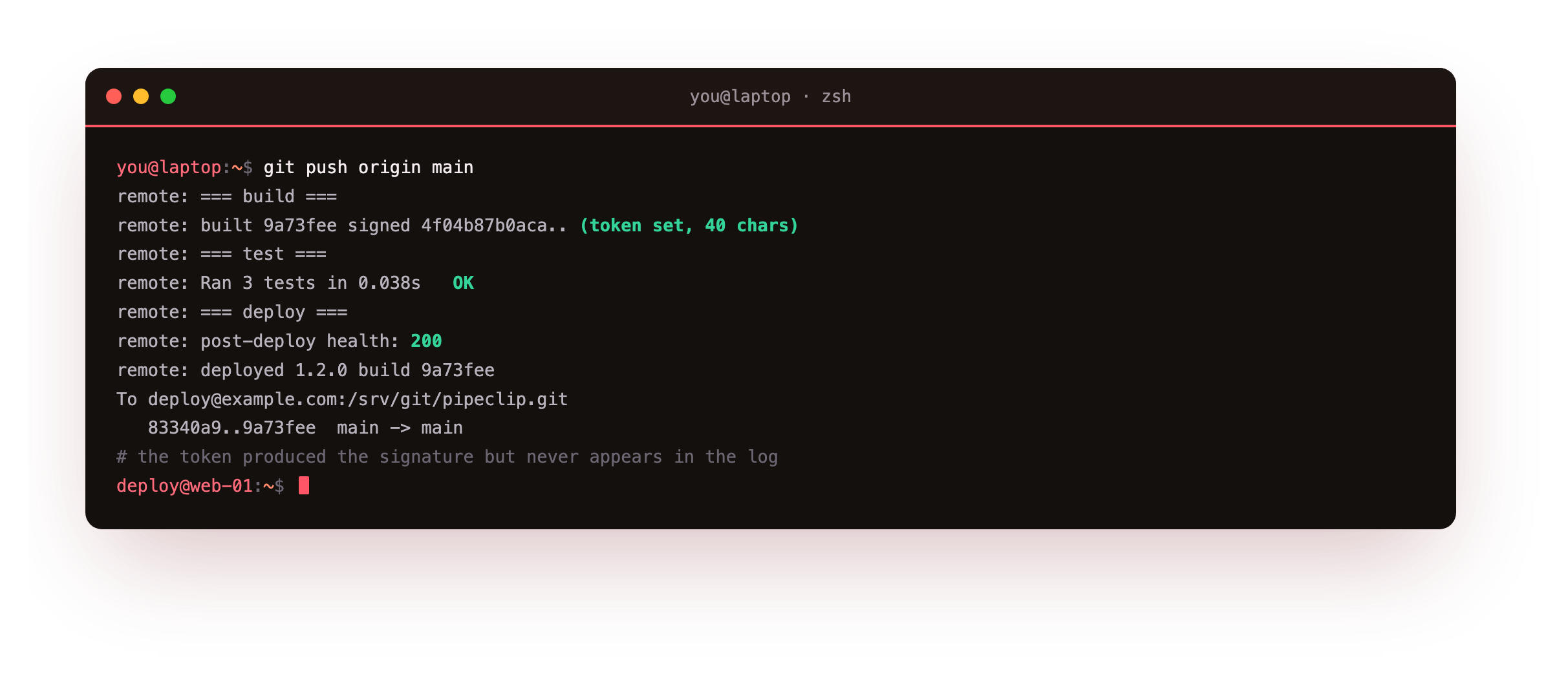 A build that signs the release with the deploy token, the log printing only the signature prefix and that the token is set at 40 characters, never the token value itself
