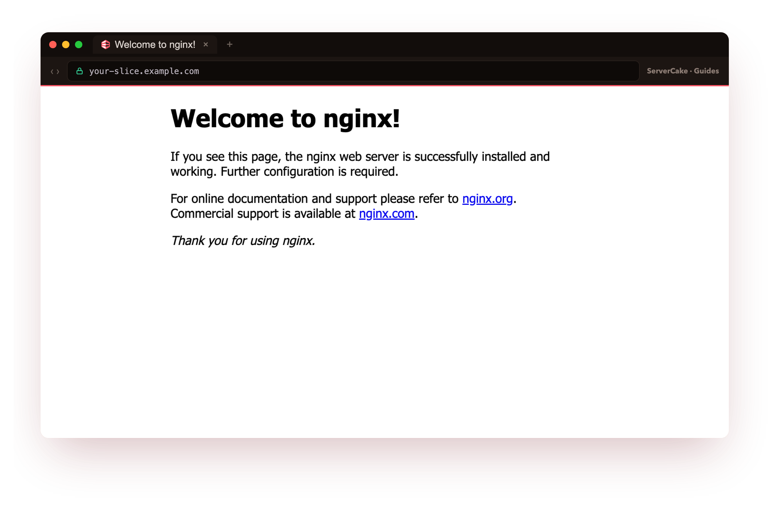 The default Welcome to nginx page loaded in a browser right after apt install, nginx serving over the public internet before any config, the from-zero milestone