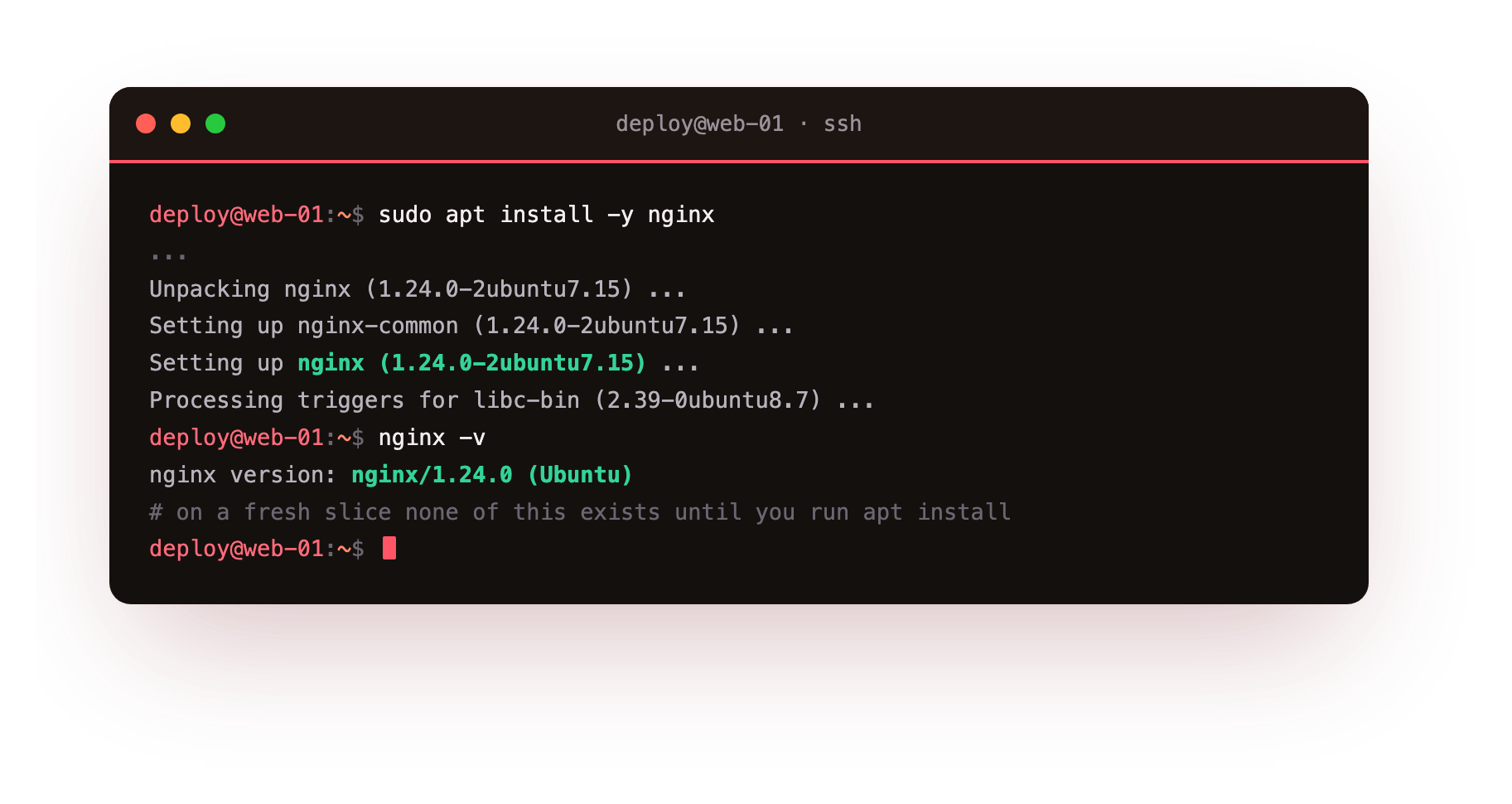 apt installing nginx 1.24.0 on a bare Ubuntu 24.04 slice, the setting-up lines and nginx -v reporting nginx/1.24.0 (Ubuntu), the from-zero first step most tutorials skip
