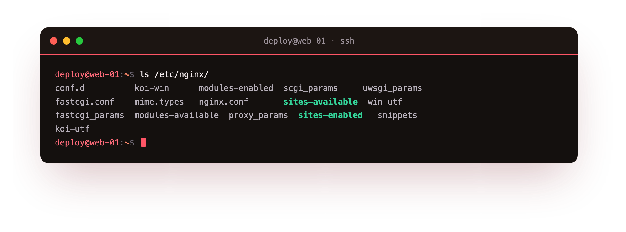 The Ubuntu nginx directory: nginx.conf plus the sites-available and sites-enabled split