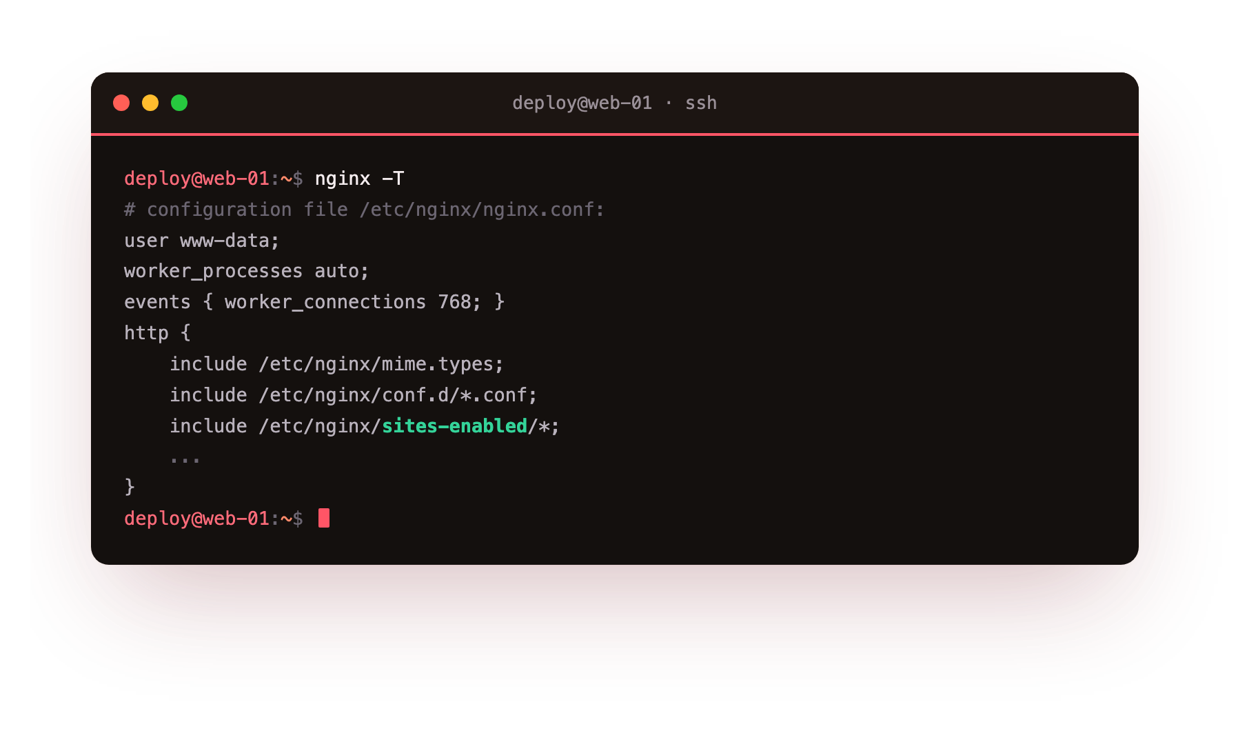 nginx -T printing the full effective config with every include expanded inline