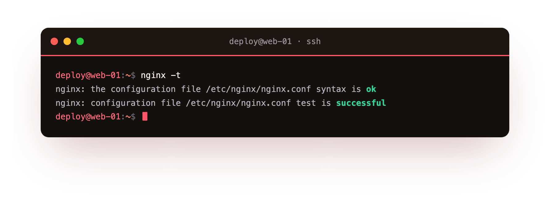nginx -t reporting the configuration syntax is ok and the test is successful, the check you run before every reload