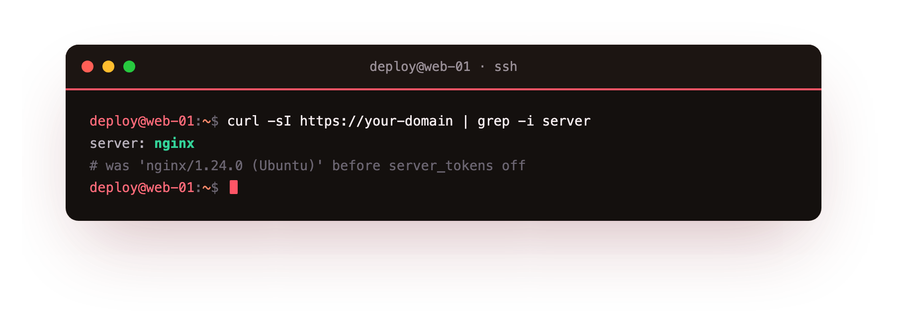 With server_tokens off, the Server header now reads just nginx, no version to fingerprint