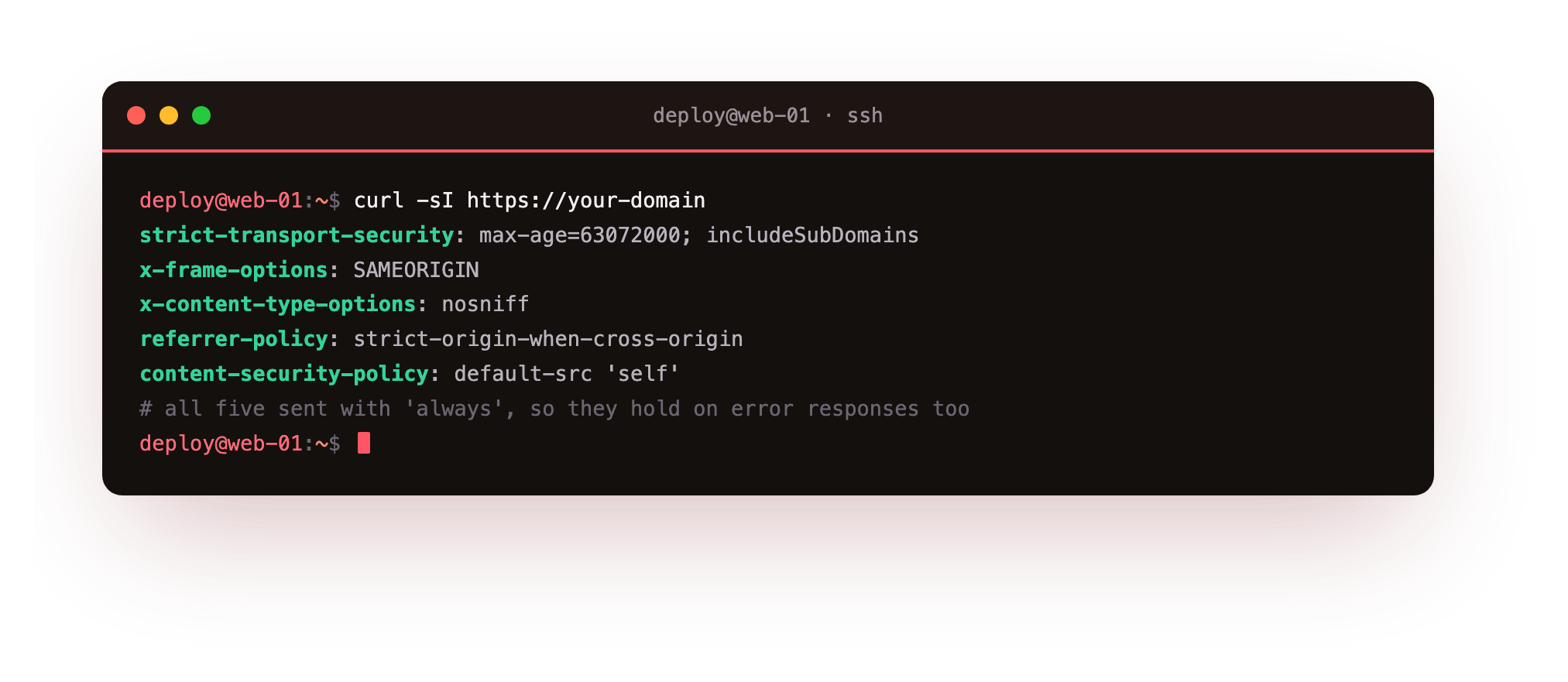 All five security headers present on the response: HSTS, X-Frame-Options, nosniff, Referrer-Policy and CSP