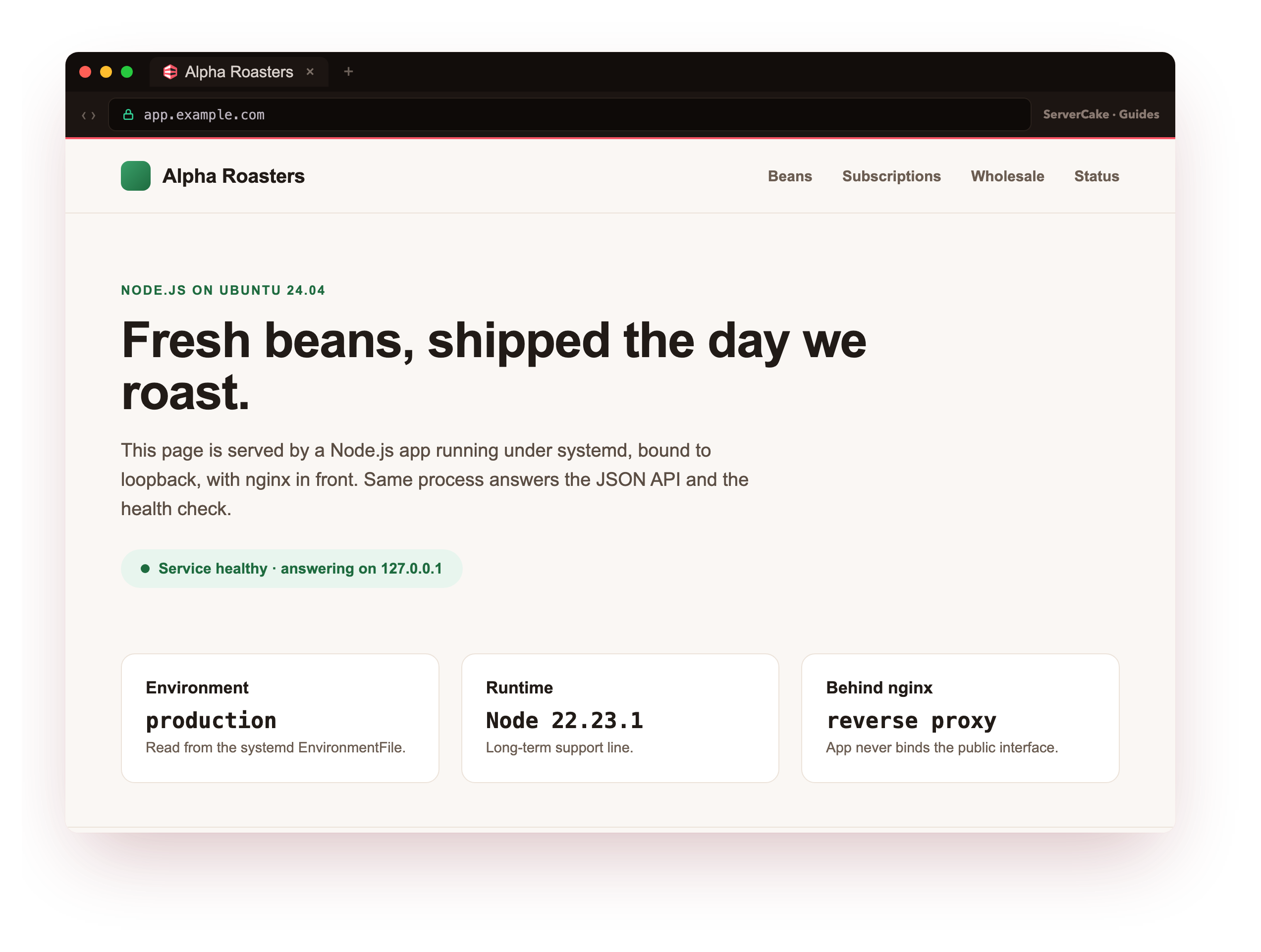 The Node.js app home page served through nginx, loaded in a browser at app.example.com over HTTPS