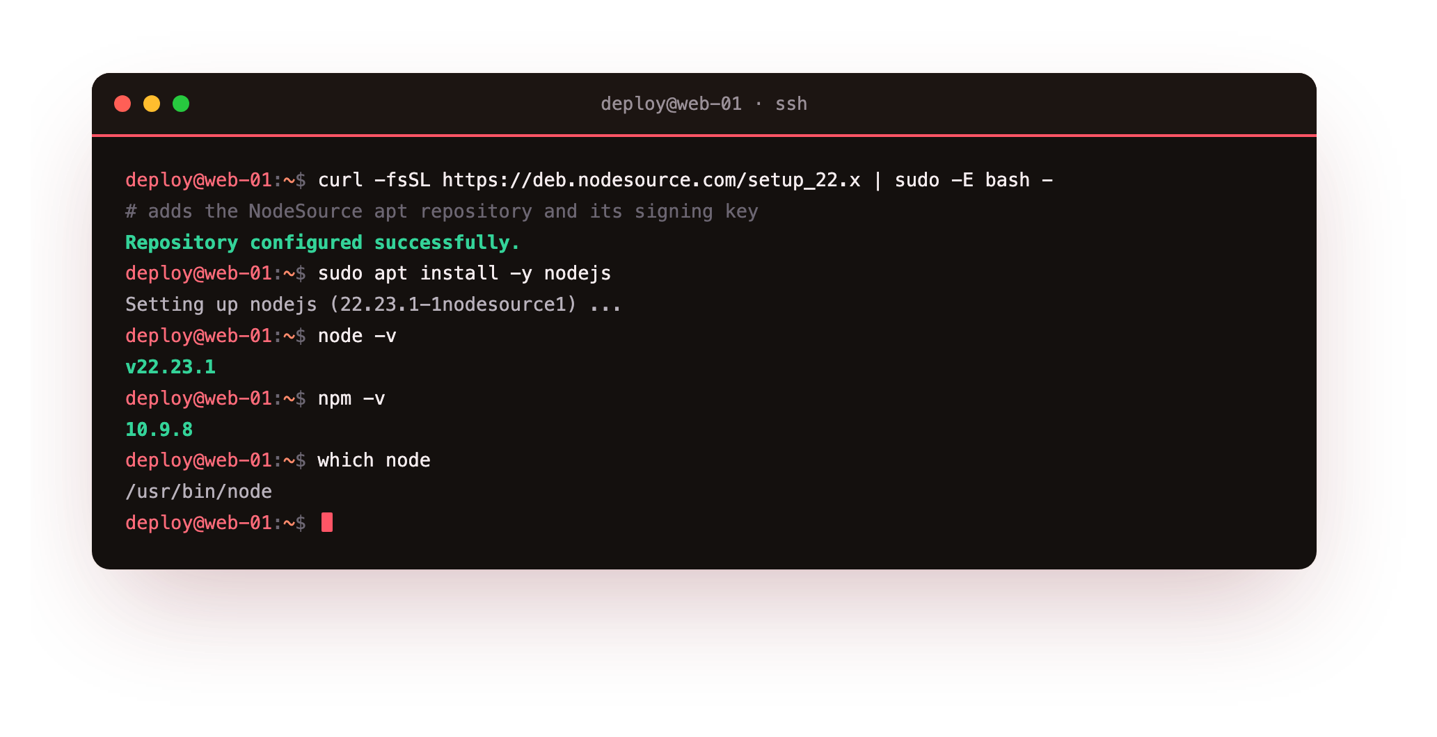 NodeSource installing the Node.js 22 LTS on a bare Ubuntu 24.04 slice, with node -v reporting v22.23.1 and npm 10.9.8 alongside it, the from-zero first step