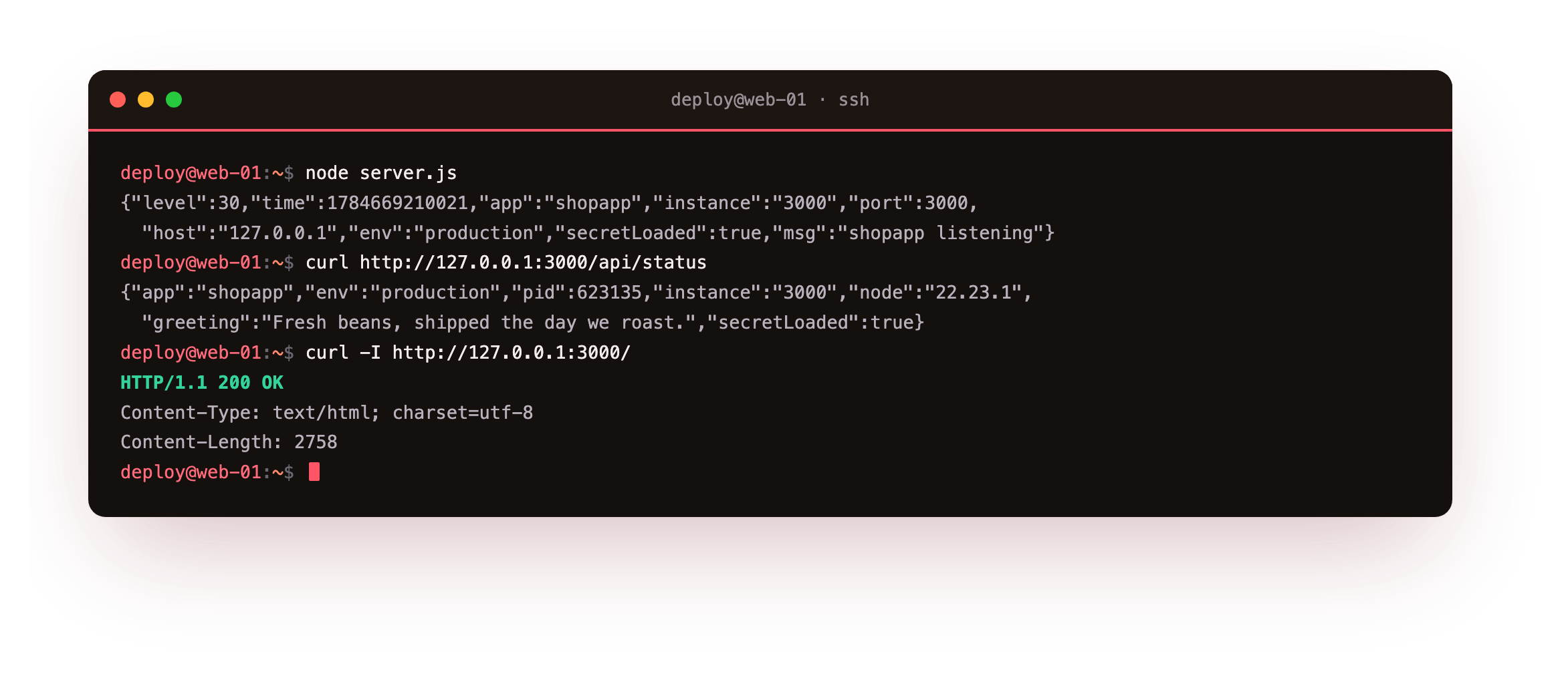 The Express app started, its status route returning JSON with the process id, environment and Node version, and the home page returning a 200 with a real content length