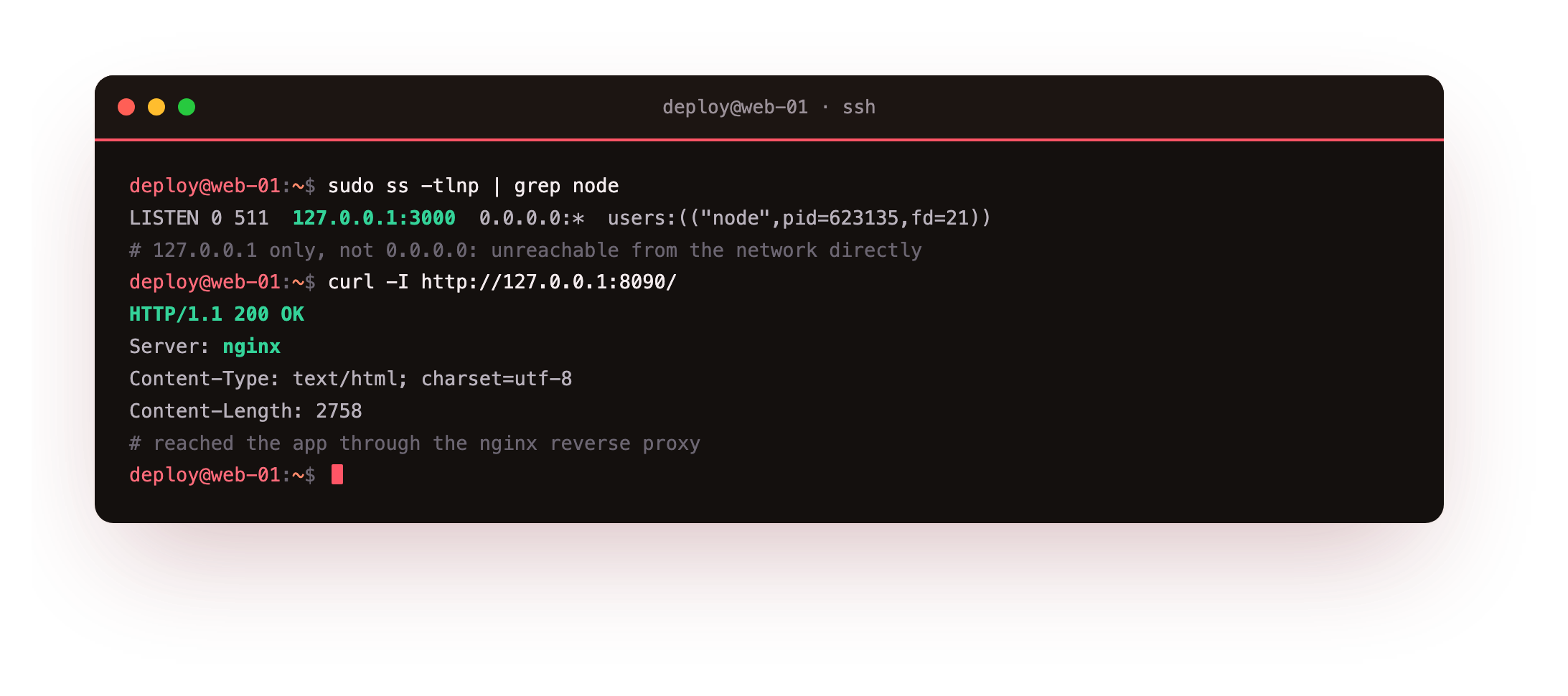 ss showing the app listening on 127.0.0.1 only, and a request through nginx returning 200 with a Server nginx header, proving the app is reached through the proxy