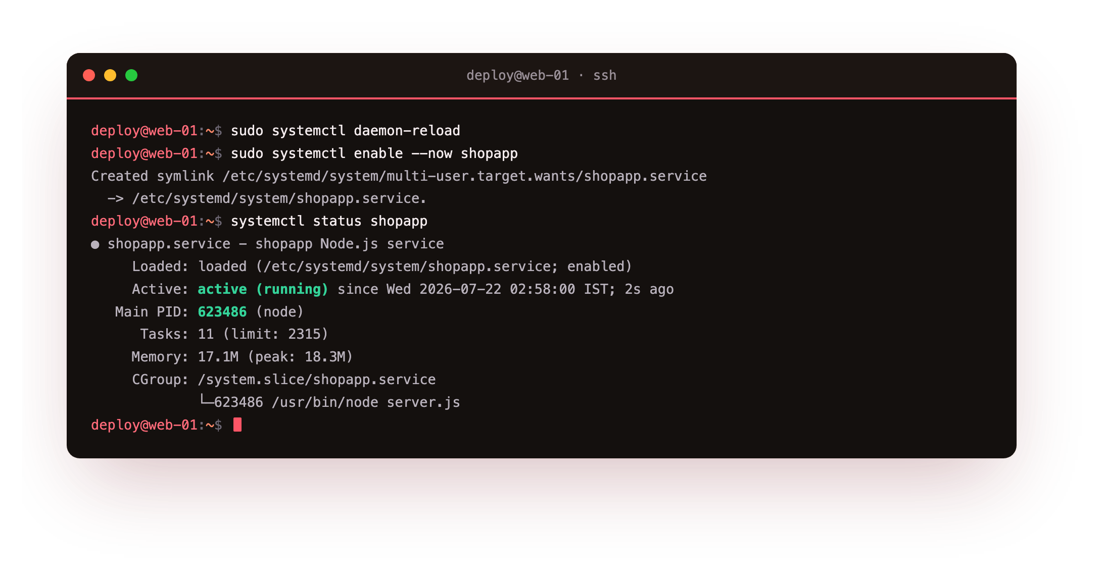 systemctl status showing the shopapp service active and running under systemd with its main PID and memory use