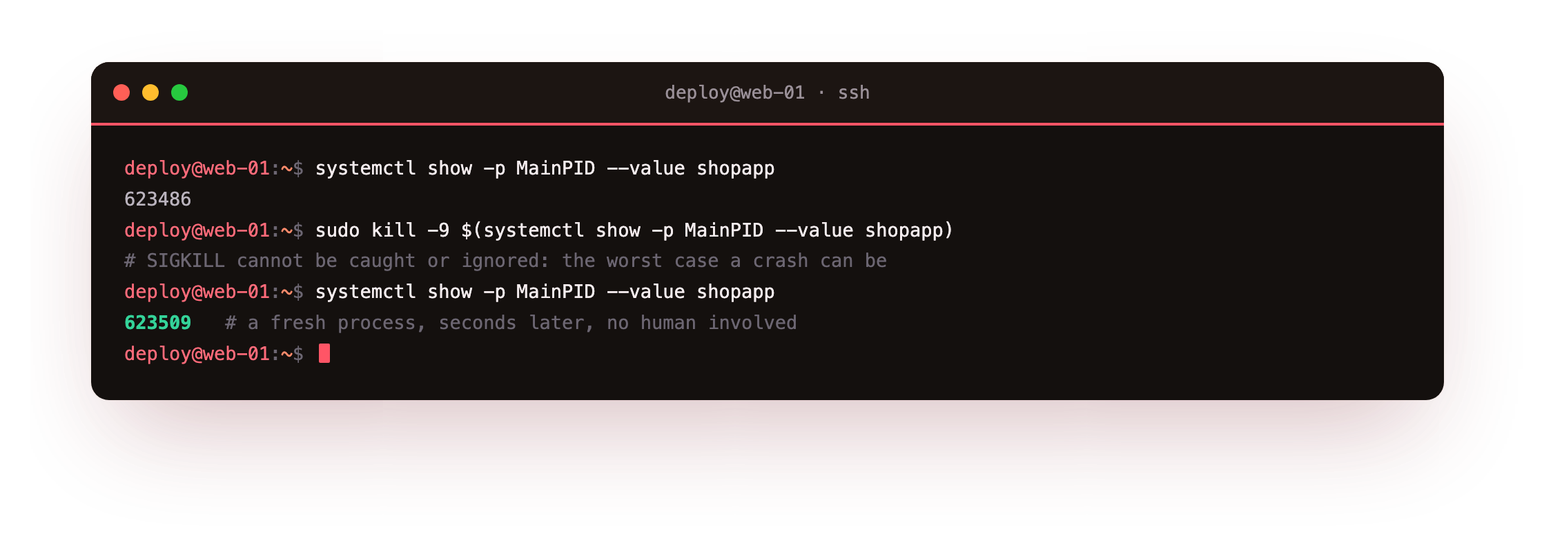 The main PID before a hard kill, then a new PID seconds later after systemd restarted the crashed process on its own