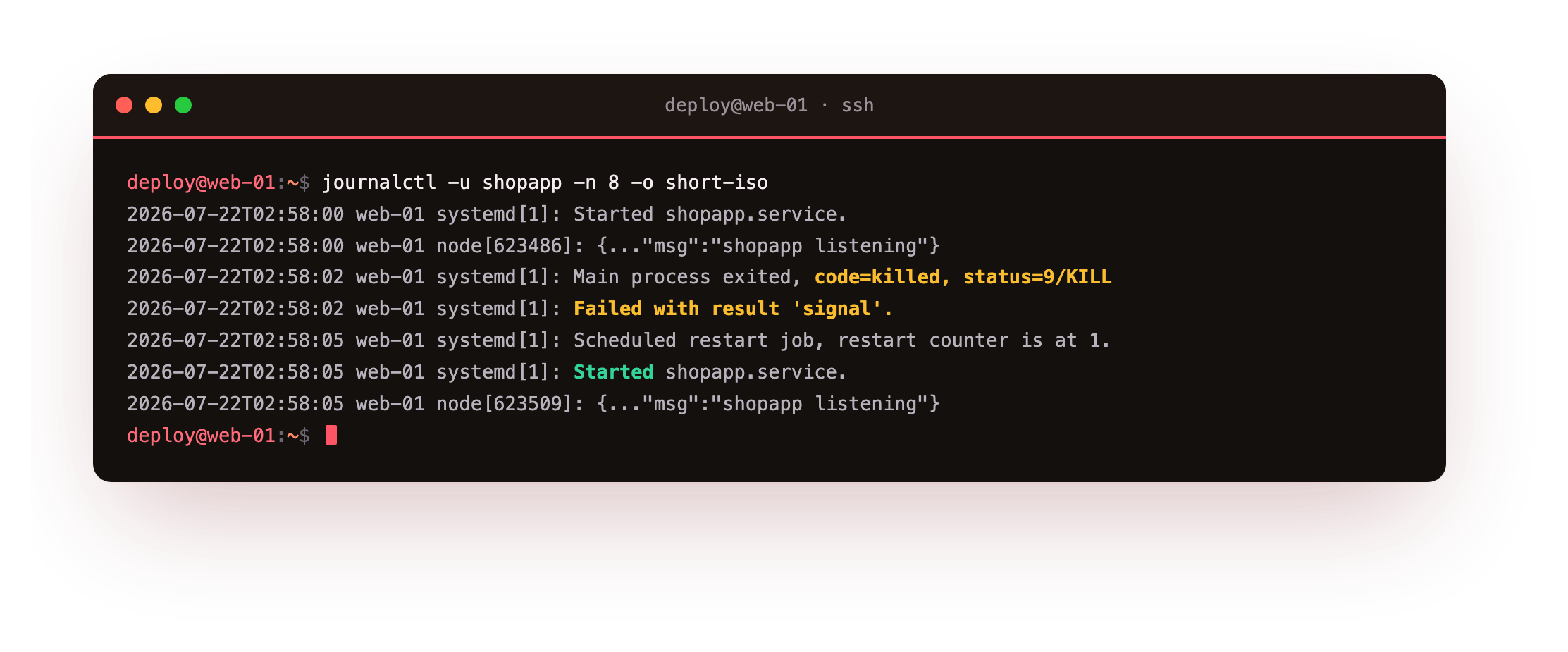 journalctl showing the process killed with signal 9, the failure, the scheduled restart with the counter at one, and the service started again