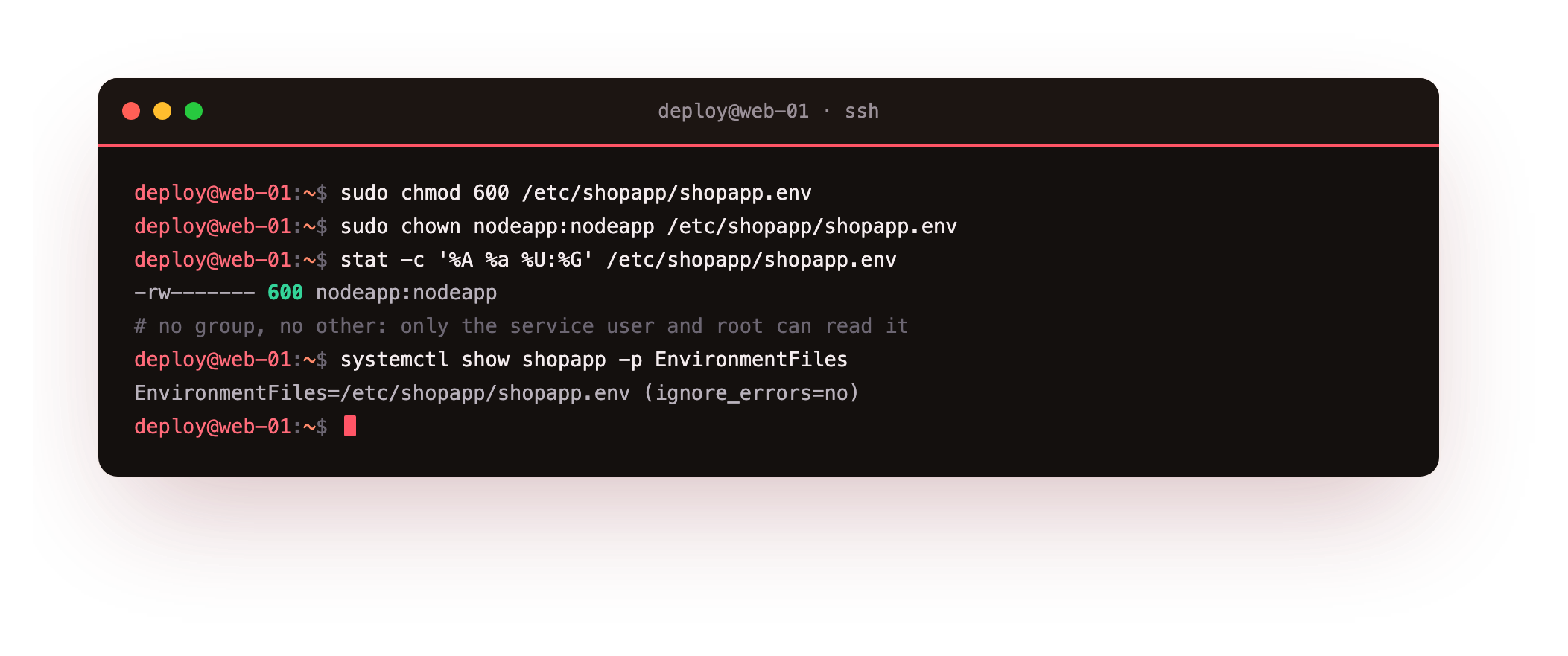 stat showing the environment file at mode 600 owned by the service user, and systemd confirming it loaded the EnvironmentFile