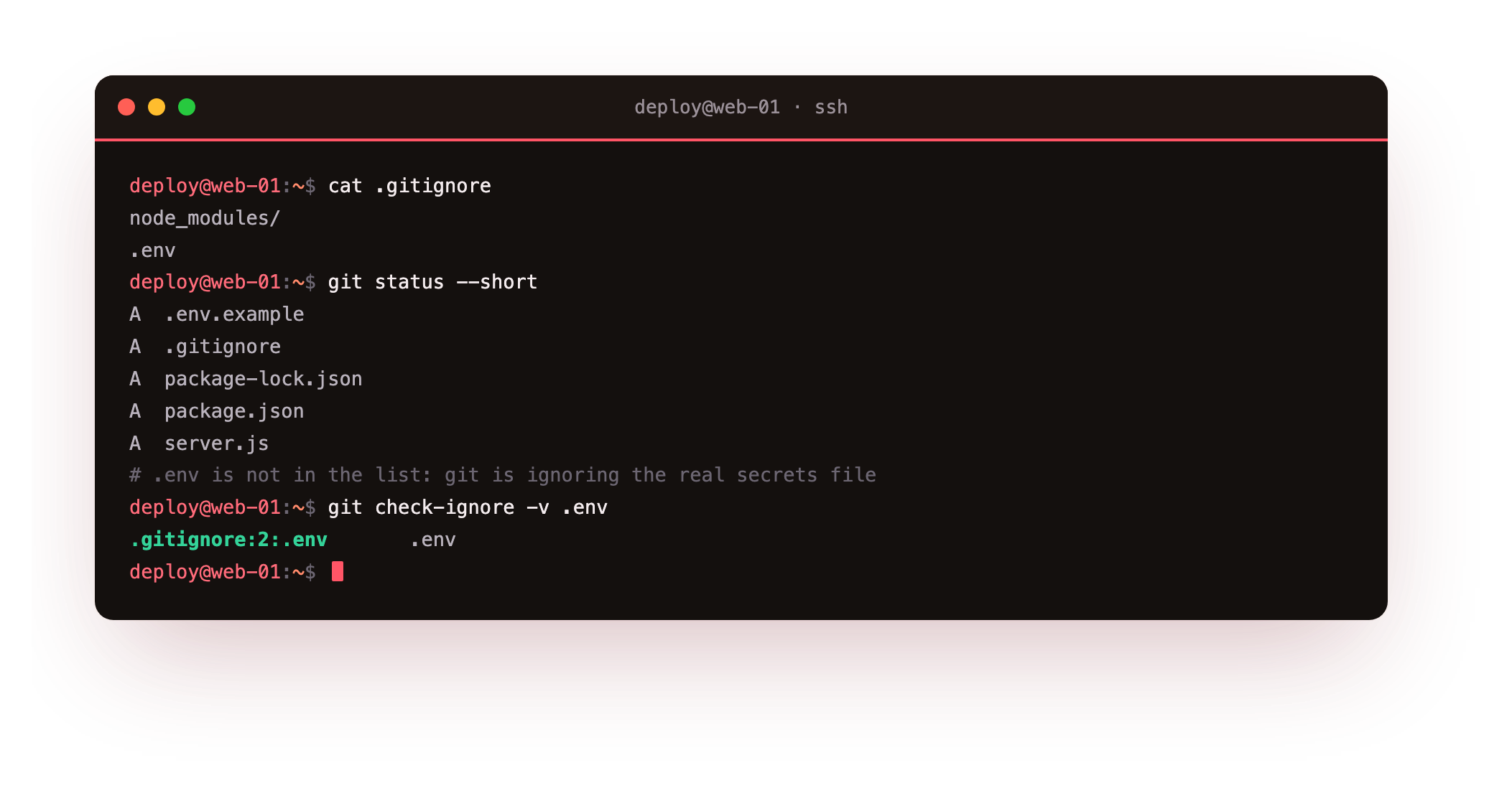 git status listing the example file and gitignore as staged while the real env file is absent, and git check-ignore printing the rule that excludes it
