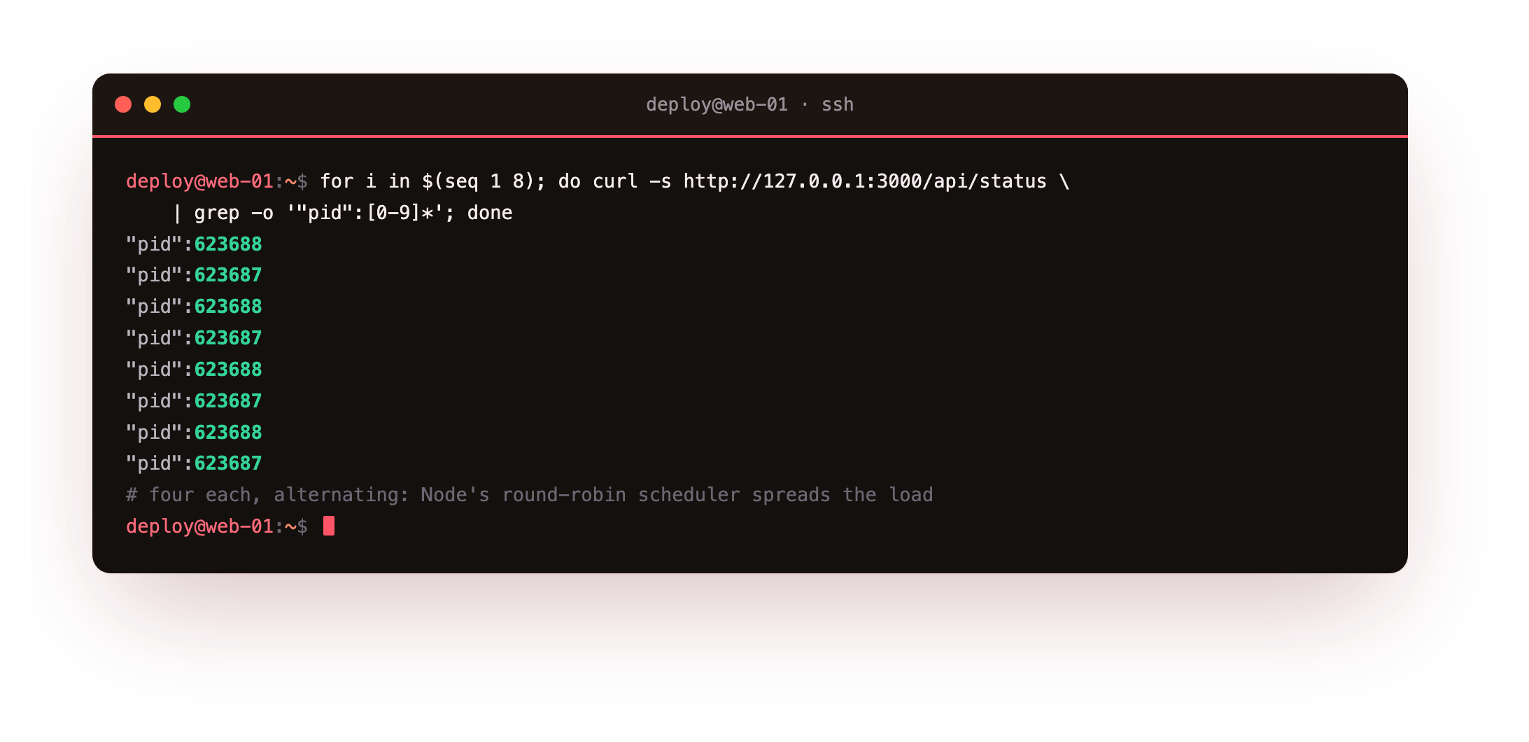 Eight requests split evenly between the two worker PIDs, alternating one after the other as Node's round-robin scheduler spreads the load