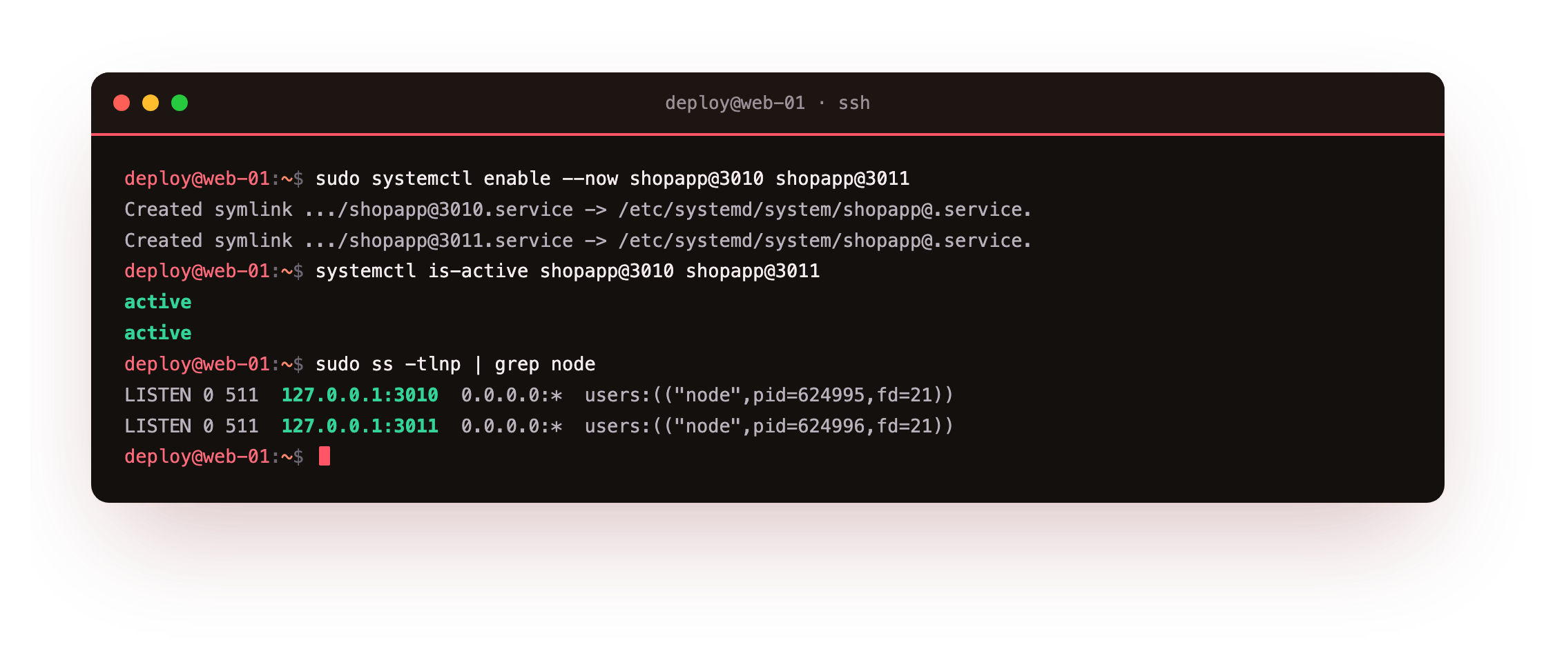 Two systemd instances of the app active, one listening on port 3010 and the other on 3011, behind an nginx upstream
