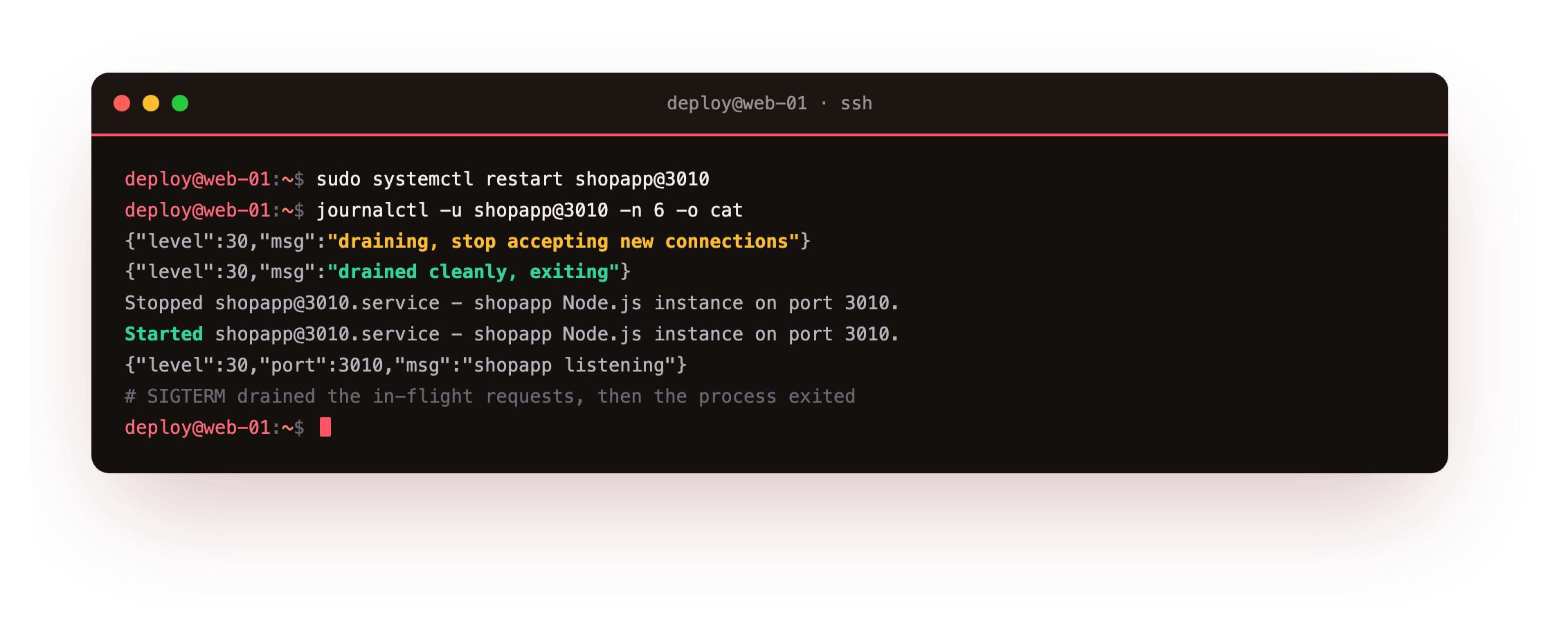 The journal of one instance during a restart, showing it drain and stop accepting new connections, then exit cleanly before the fresh process starts