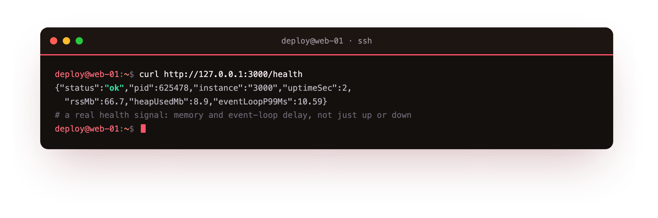 The health endpoint returning JSON with an ok status, uptime, resident memory around sixty-seven megabytes, and the event-loop 99th percentile delay near ten milliseconds
