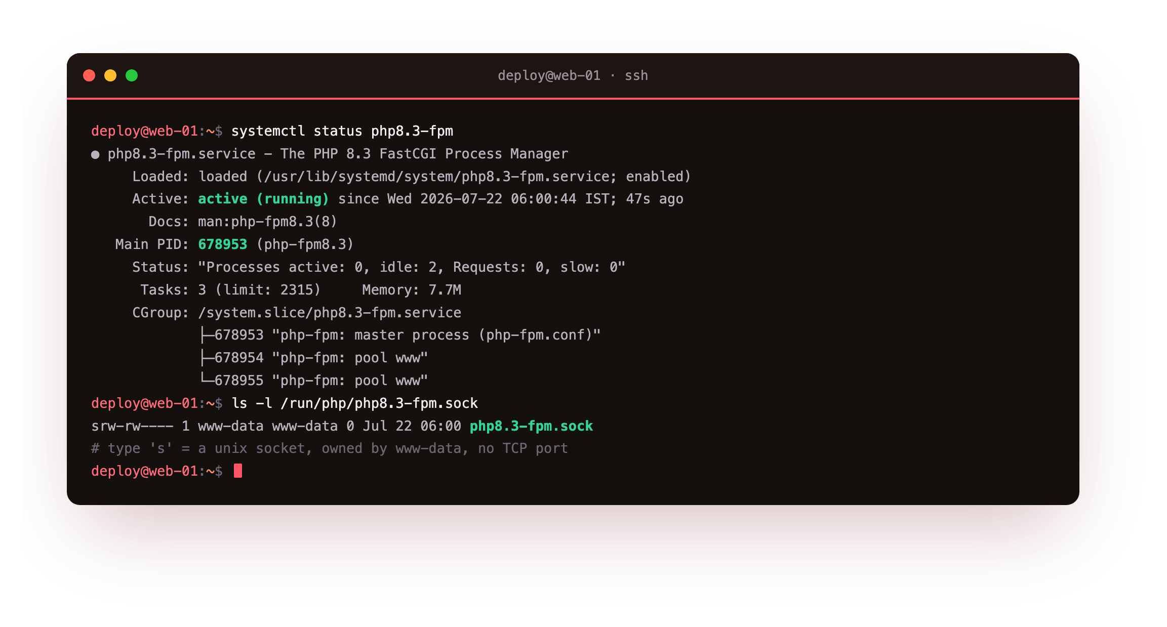 systemctl showing the php8.3-fpm service active and running, the root master process managing two idle pool www workers, and the default unix socket under /run/php owned by www-data