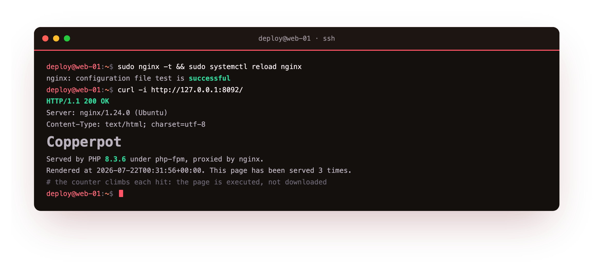 A request through nginx returning 200 OK with Server nginx, and the PHP page body carrying the live version, a render timestamp, and a request counter that climbs on each hit, proving the code executed rather than being downloaded