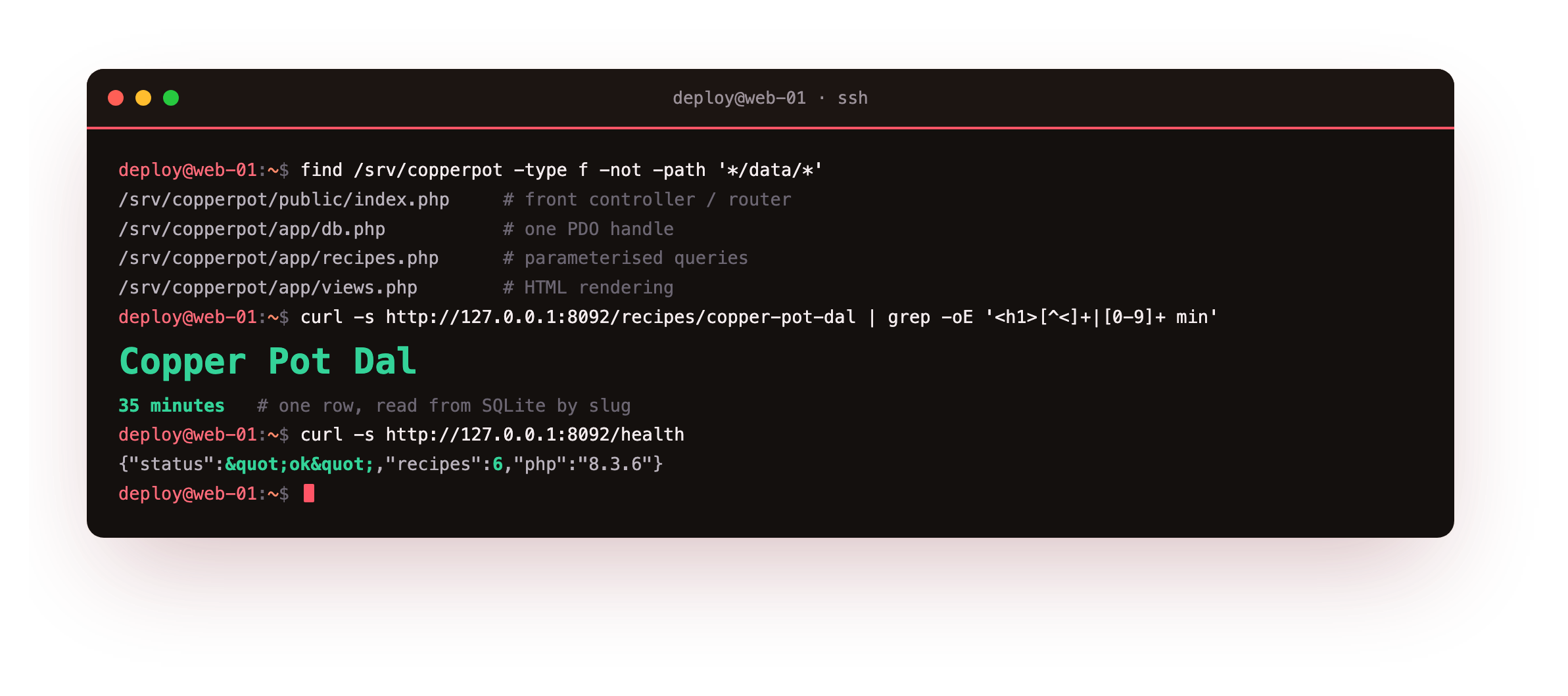The Copperpot front controller answering three routes through nginx: the home page listing six recipes read from SQLite, a slug returning one recipe with its cook time, and the health check returning JSON with the row count