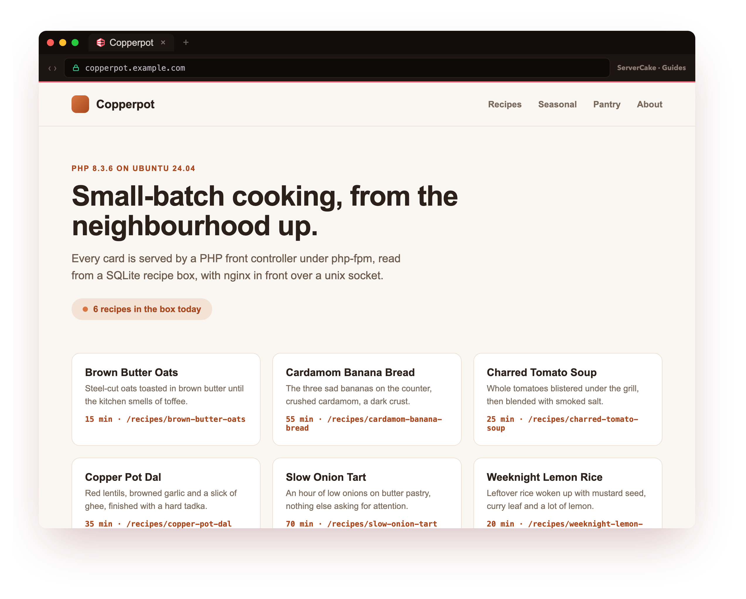 The Copperpot recipe box rendered in a browser at copperpot.example.com, its recipe cards read from a SQLite database and served by a PHP front controller behind nginx over a unix socket