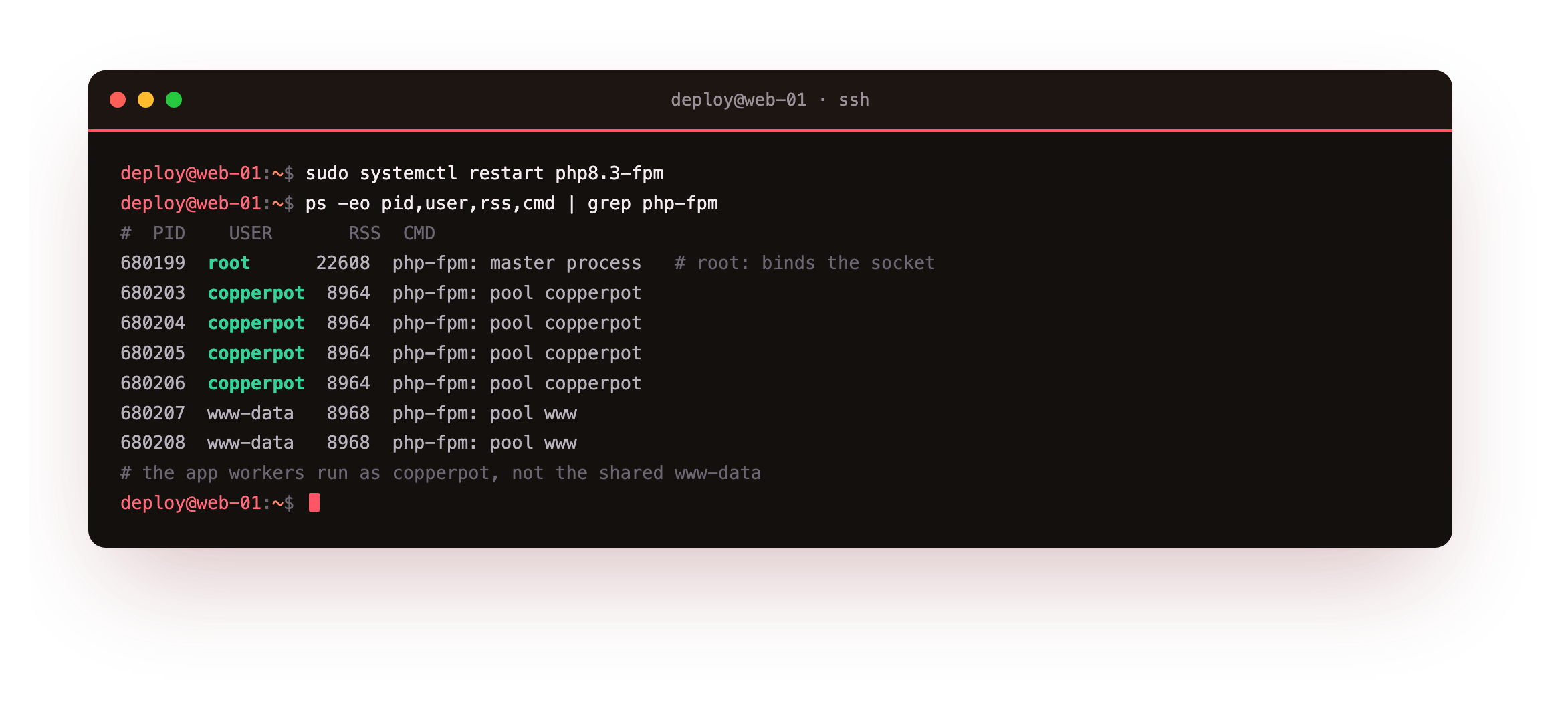 A process list showing the php-fpm master running as root, four workers of the copperpot pool running as the copperpot user, and the two older www pool workers as www-data