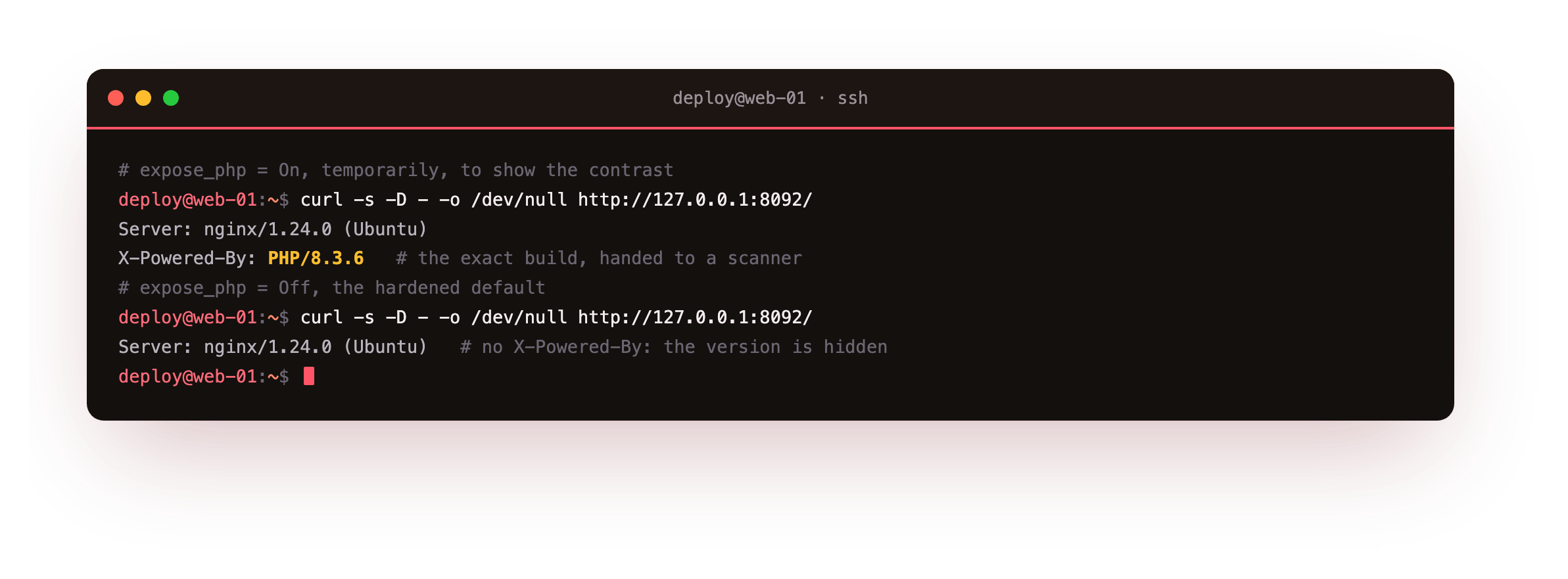 With expose_php on the response carries an X-Powered-By PHP 8.3.6 header, and with it off that line is gone so only the nginx Server header remains and the exact version is not advertised