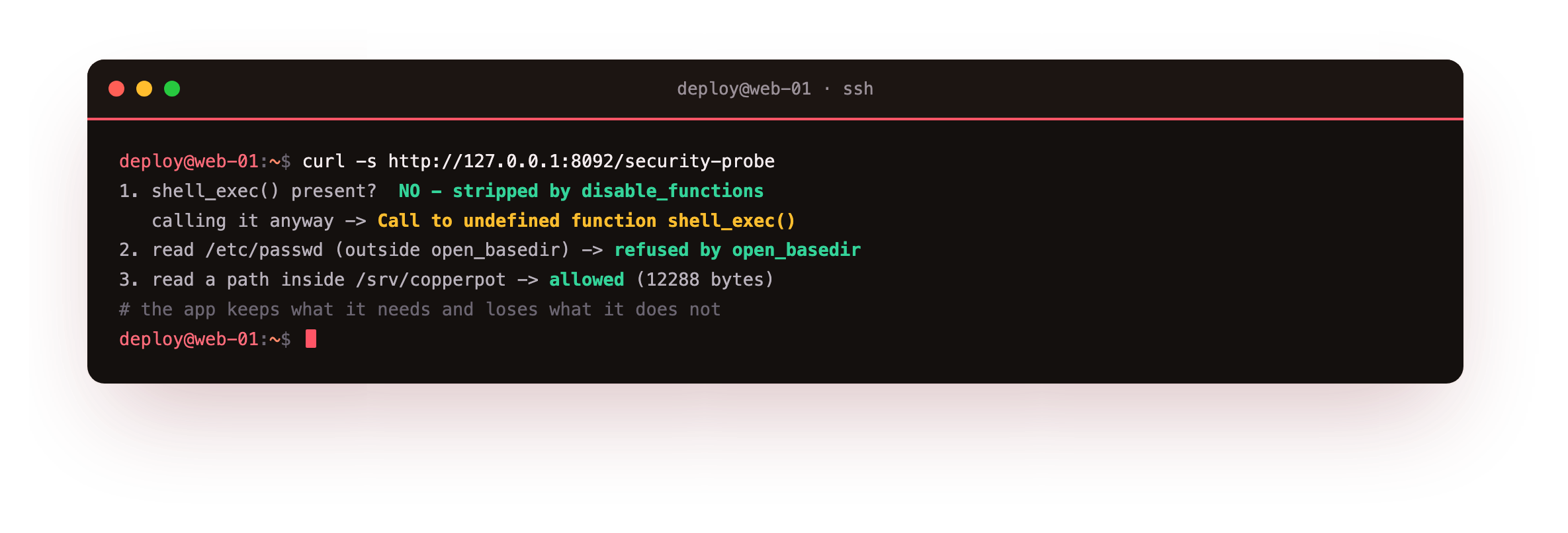 A probe showing shell_exec stripped by disable_functions so calling it raises call to undefined function, a read of /etc/passwd refused by open_basedir, and a read inside the app directory still allowed