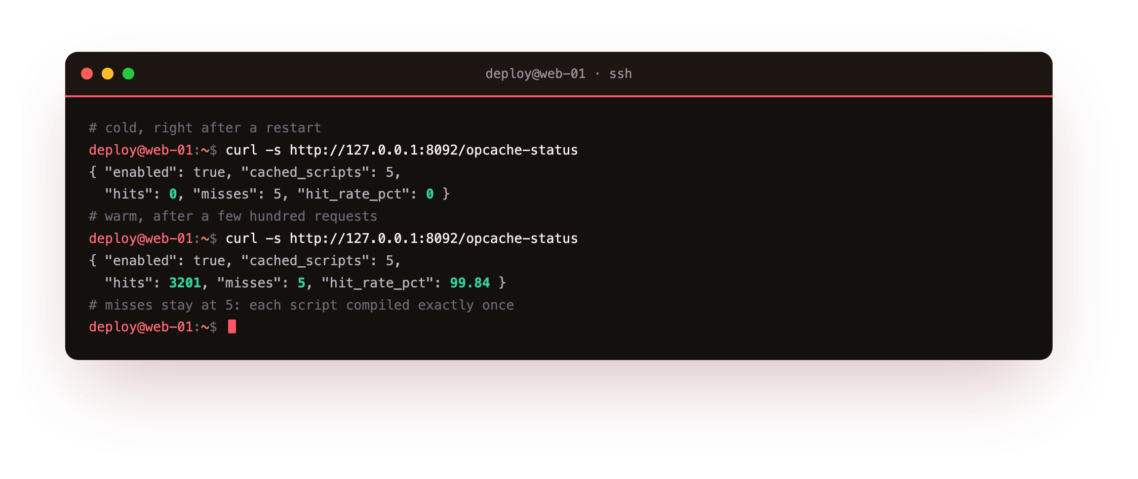 OPcache status cold with zero hits and five misses, then warm after traffic with thousands of hits and still only five misses, a hit rate above ninety-nine percent because each script compiled once