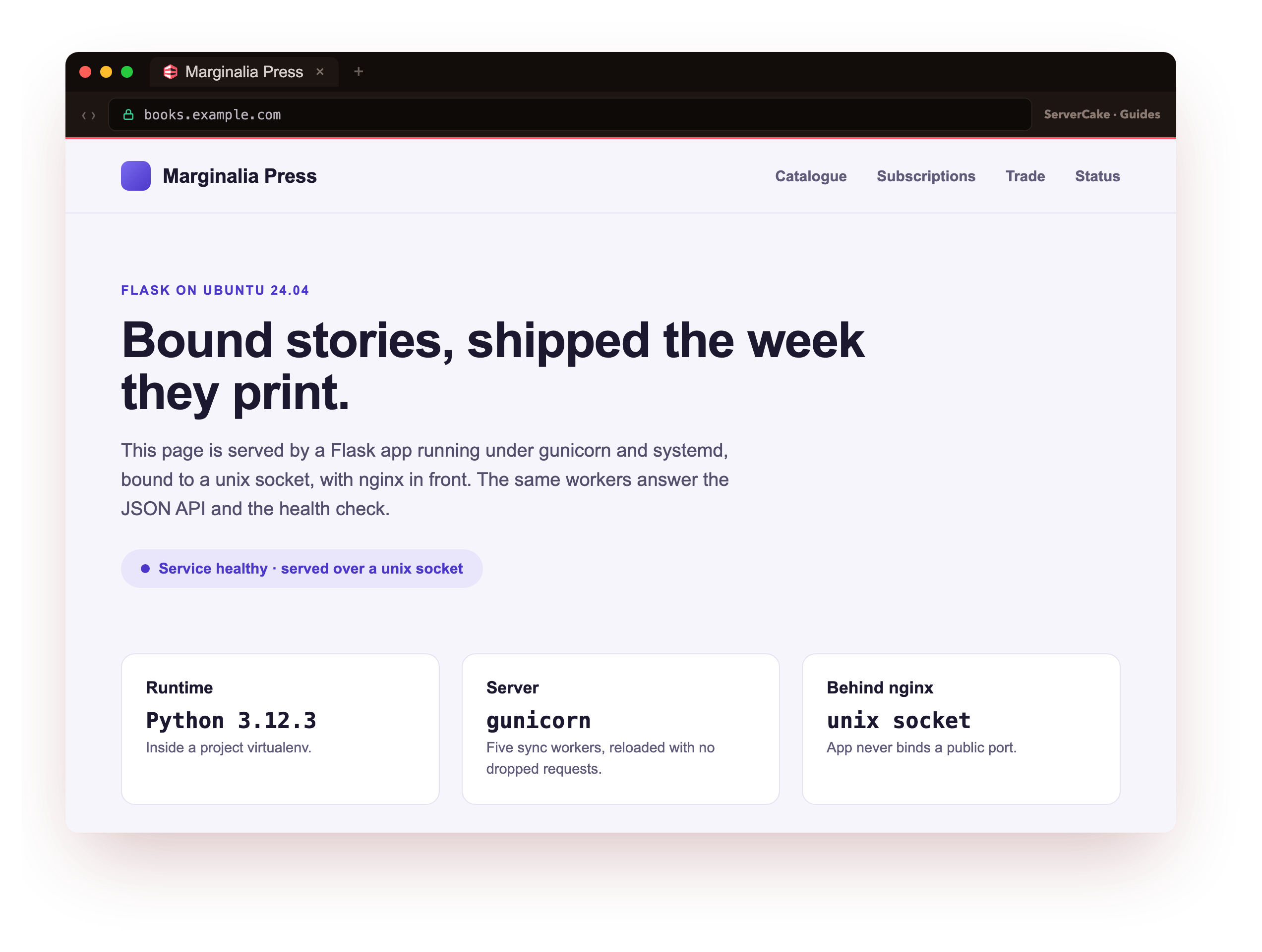The Flask app status page served through nginx over a unix socket, loaded in a browser at books.example.com over HTTPS