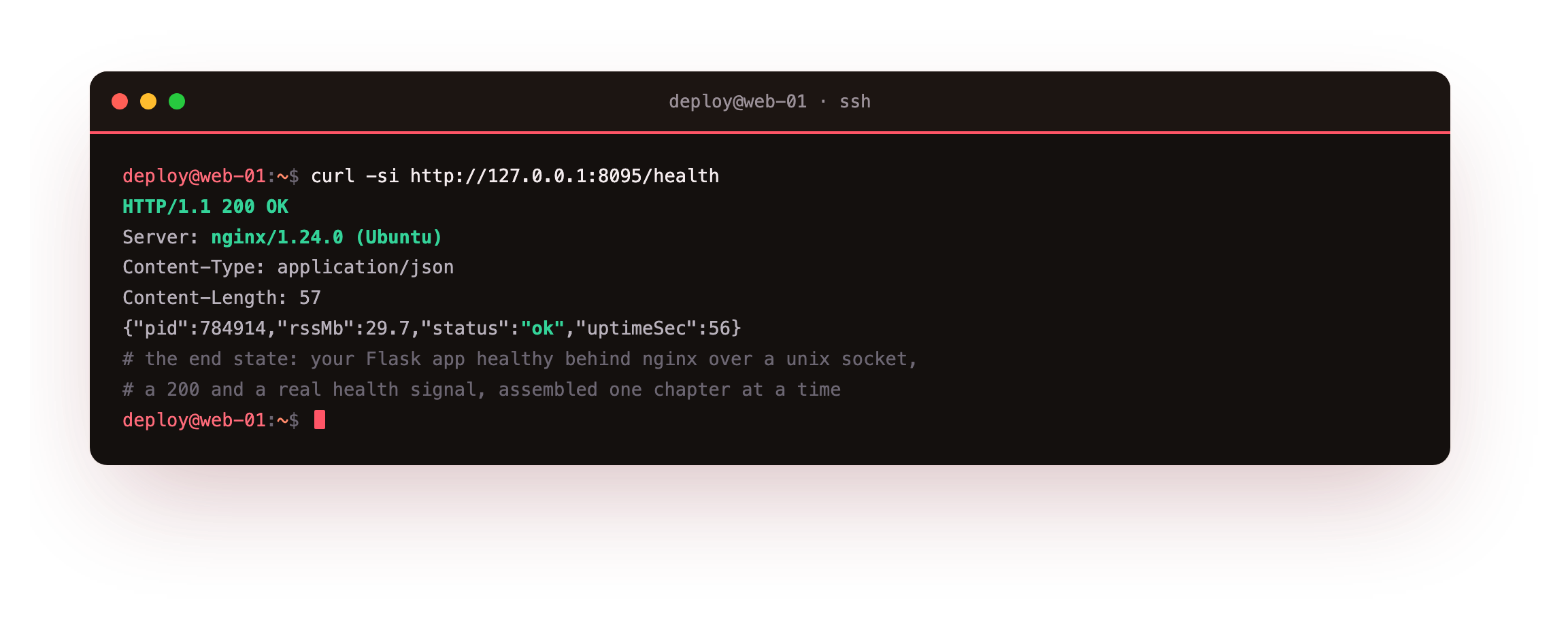 The end state shown before any theory: the Python web app answering through nginx with HTTP 200, a Server nginx header, and a health route returning ok with the worker process id, its uptime and resident memory, the production shape this series builds toward