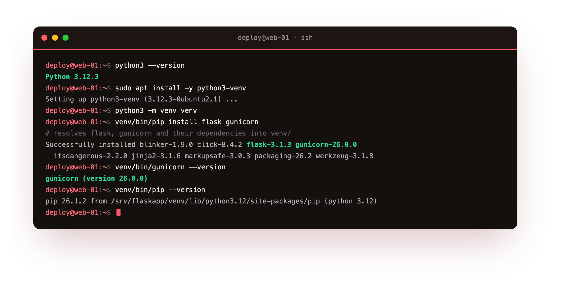 A from-zero install on a bare slice: python3 --version, apt install python3-venv, a virtualenv created with python3 -m venv, Flask and gunicorn installed into it, and gunicorn --version read back to confirm the WSGI server runs on Python 3.12