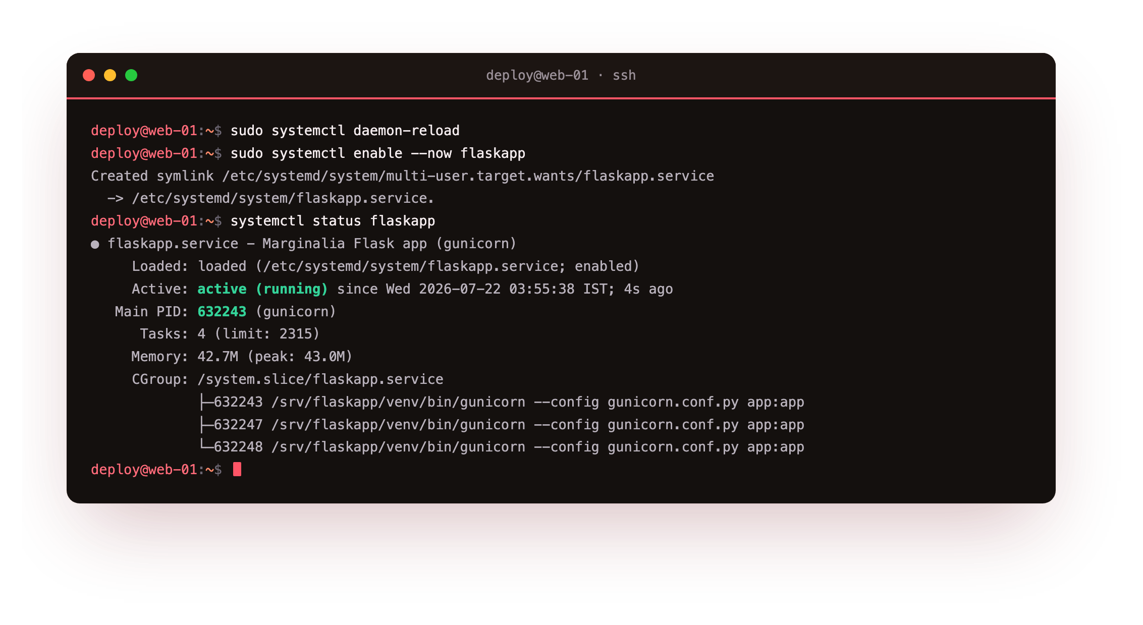 systemctl status showing the flaskapp gunicorn service active and running under systemd with its master process id and memory use