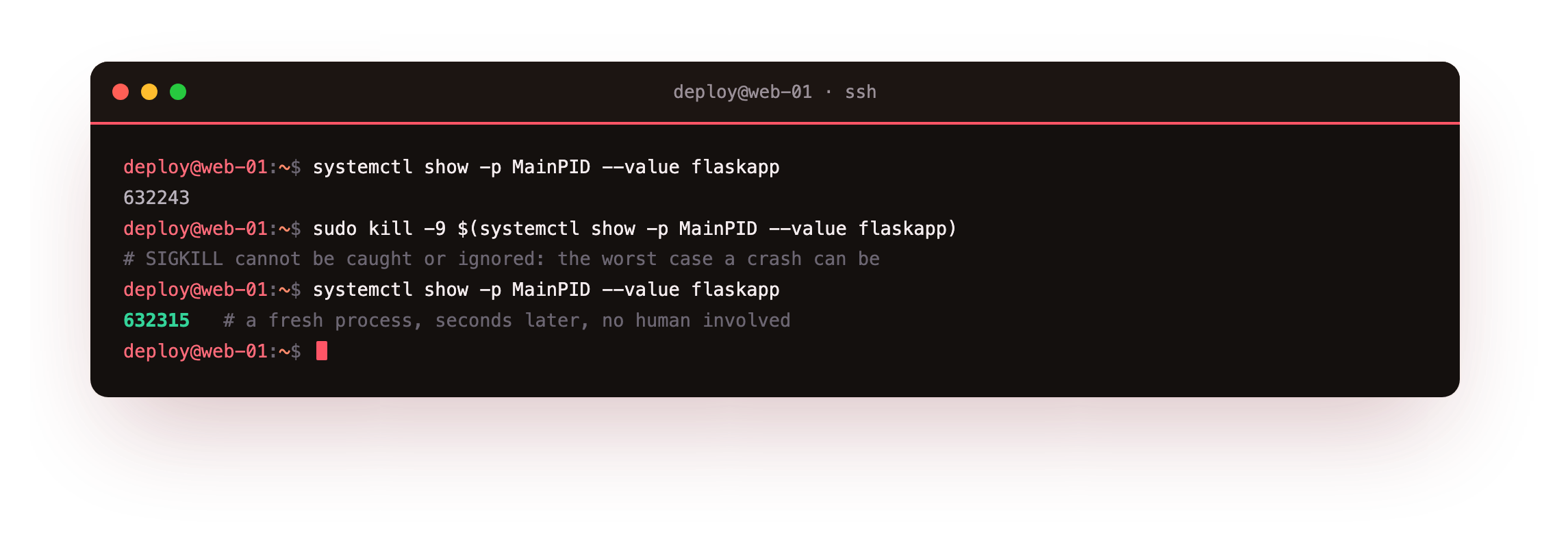 The master process id before a hard kill, then a new process id seconds later after systemd restarted the crashed gunicorn on its own